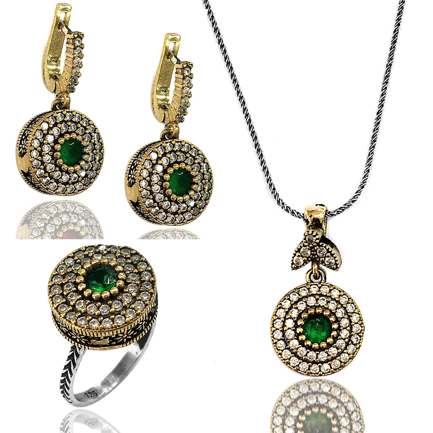 Zümrüt Taşlı Yuvarlak Tasarım Otantik Gümüş Set