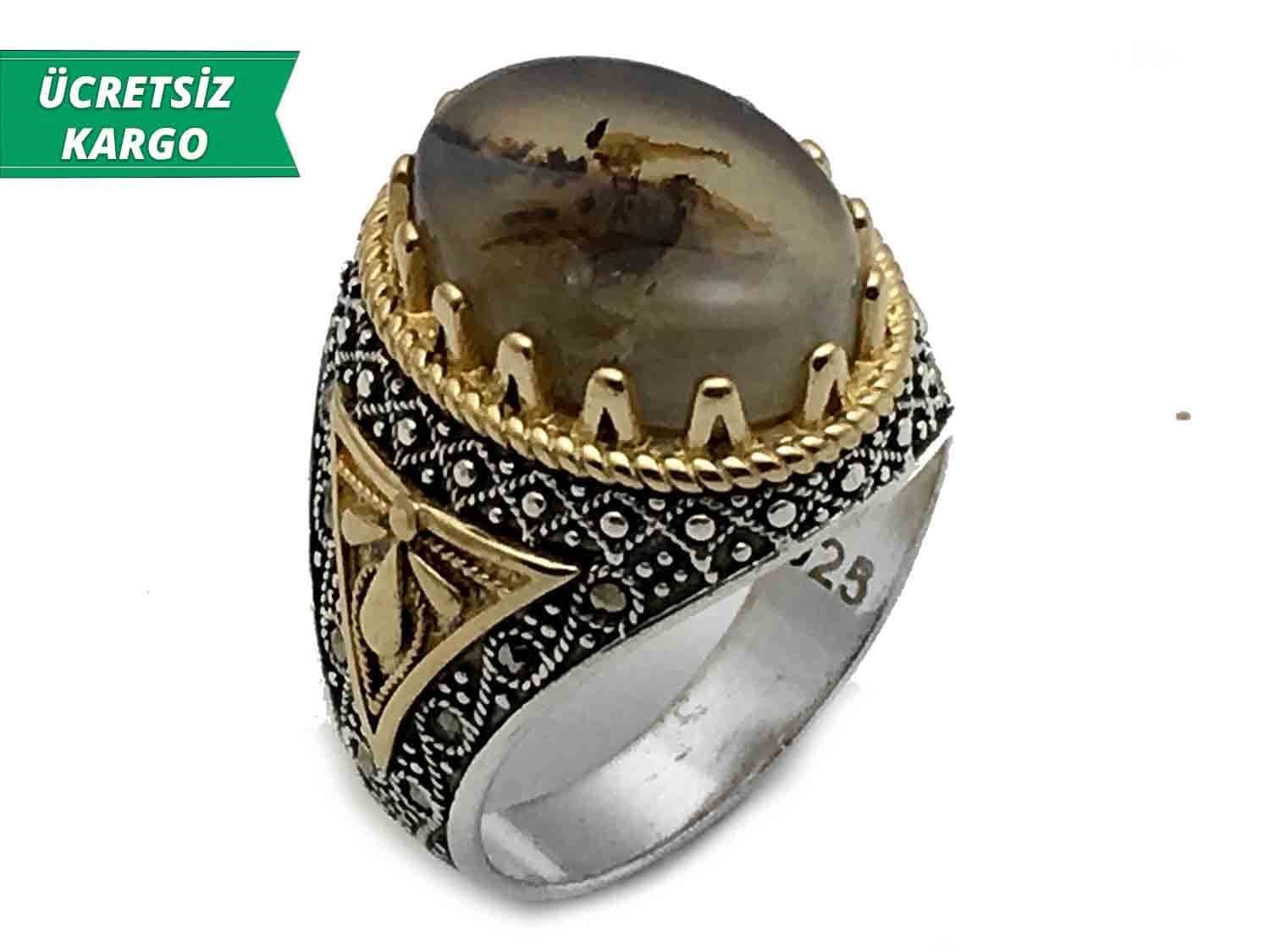 925 Ayar Özel Tasarım Yemen Akik Taşlı Erkek Yüzük