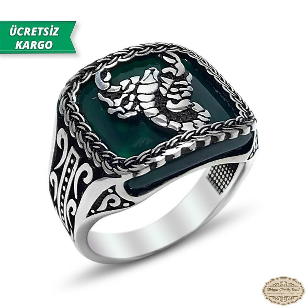 Akik Taşlı Akrep İşlemeli 925 Ayar Erkek Gümüş Yüzük