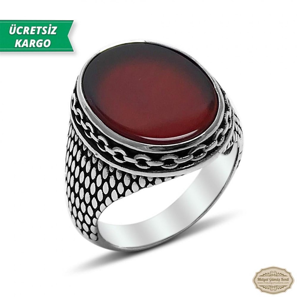 Akik Taşlı Asur Model 925 Ayar Gümüş Erkek Yüzük