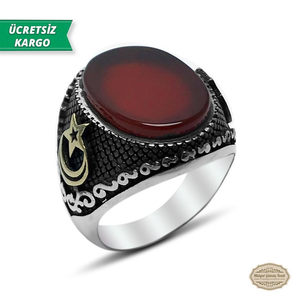 Akik Taşlı Ayyıldız Model 925 Ayar Gümüş Erkek Yüzük
