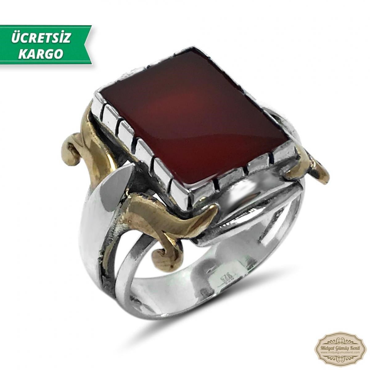 Akik Taşlı Boynuz Model 925 Ayar Gümüş Erkek Yüzük