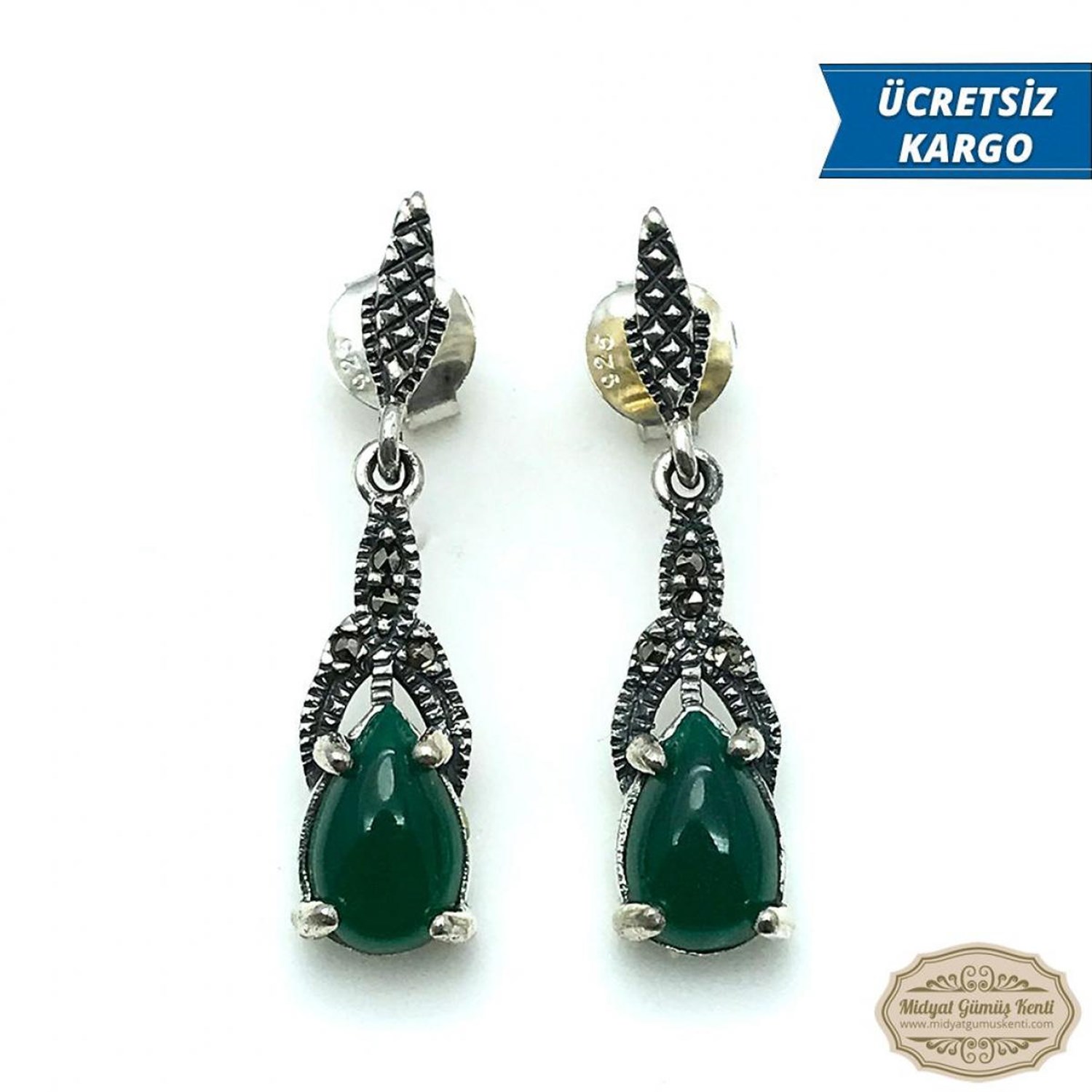 Akik Taşlı Damla Model 925 Ayar Bayan Gümüş Küpe