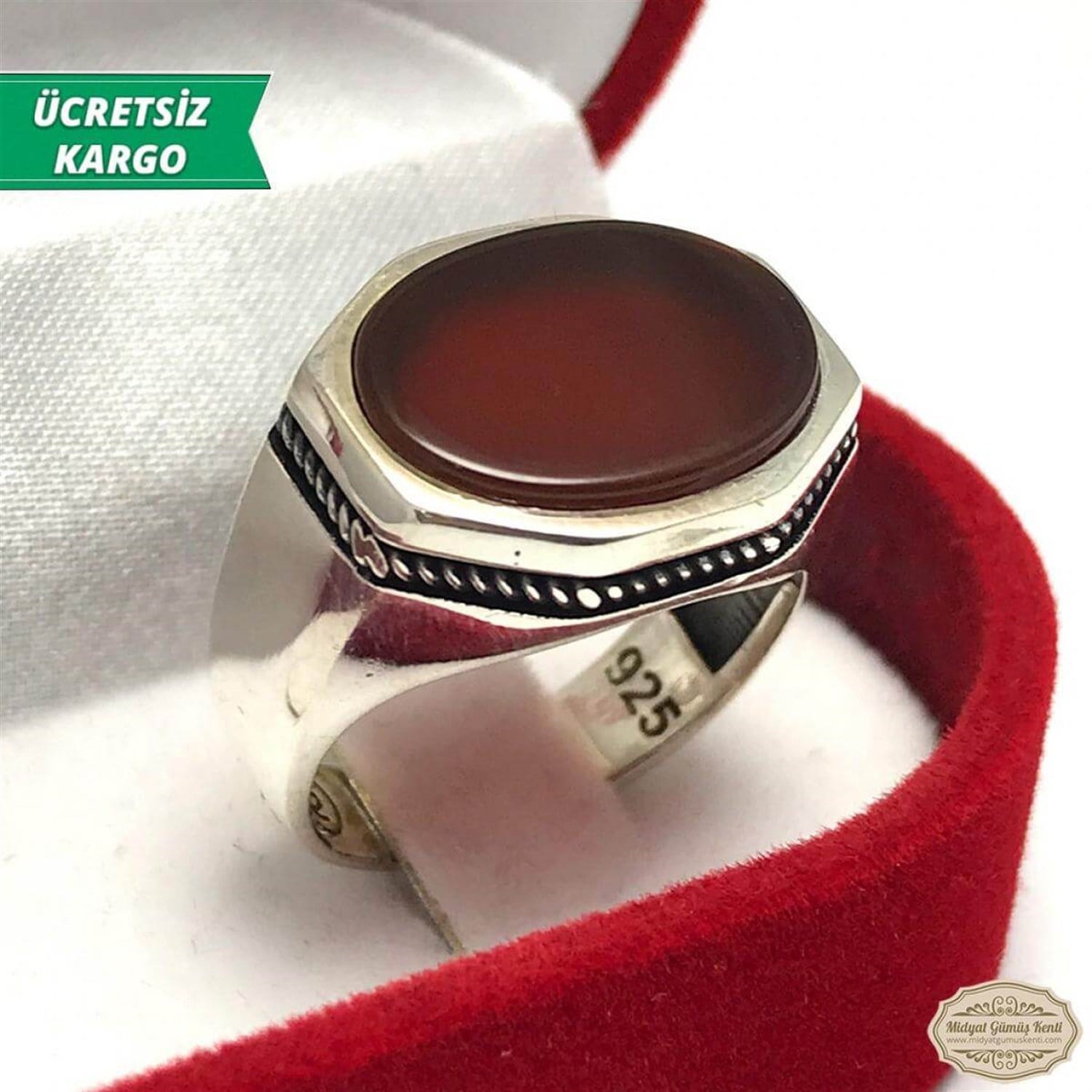 Akik Taşlı Elips Model Erkek Gümüş Yüzük
