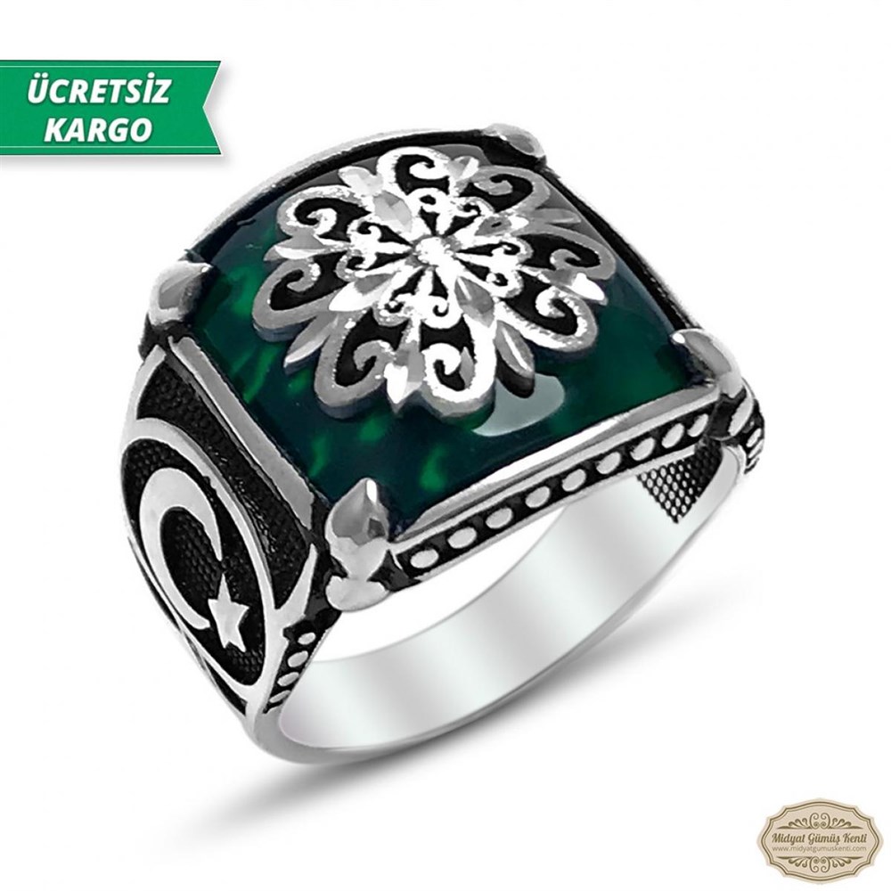 Akik Taşlı Kalem Ayyıldız İşlemeli 925 Ayar Erkek Gümüş Yüzük