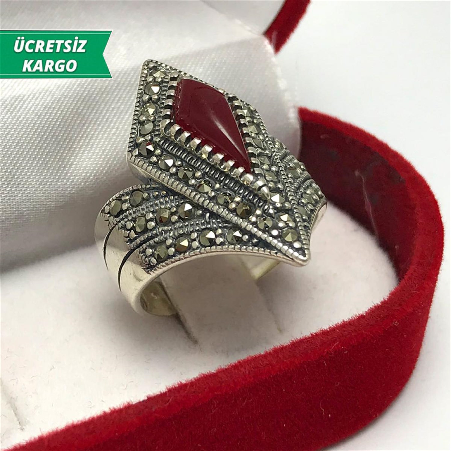 Akik Taşlı Kalkan Model Markazit Bayan Gümüş Yüzük