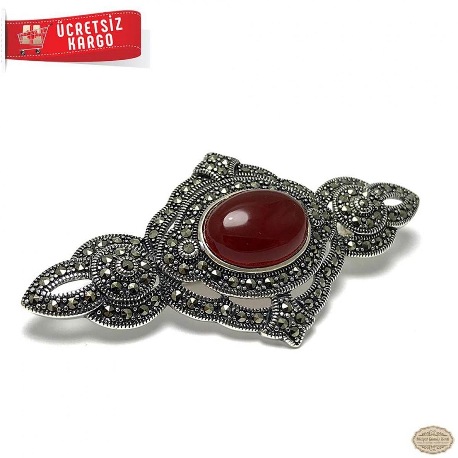 Akik Taşlı Oval Model Markazit Gümüş Broş Yaka İğnesi