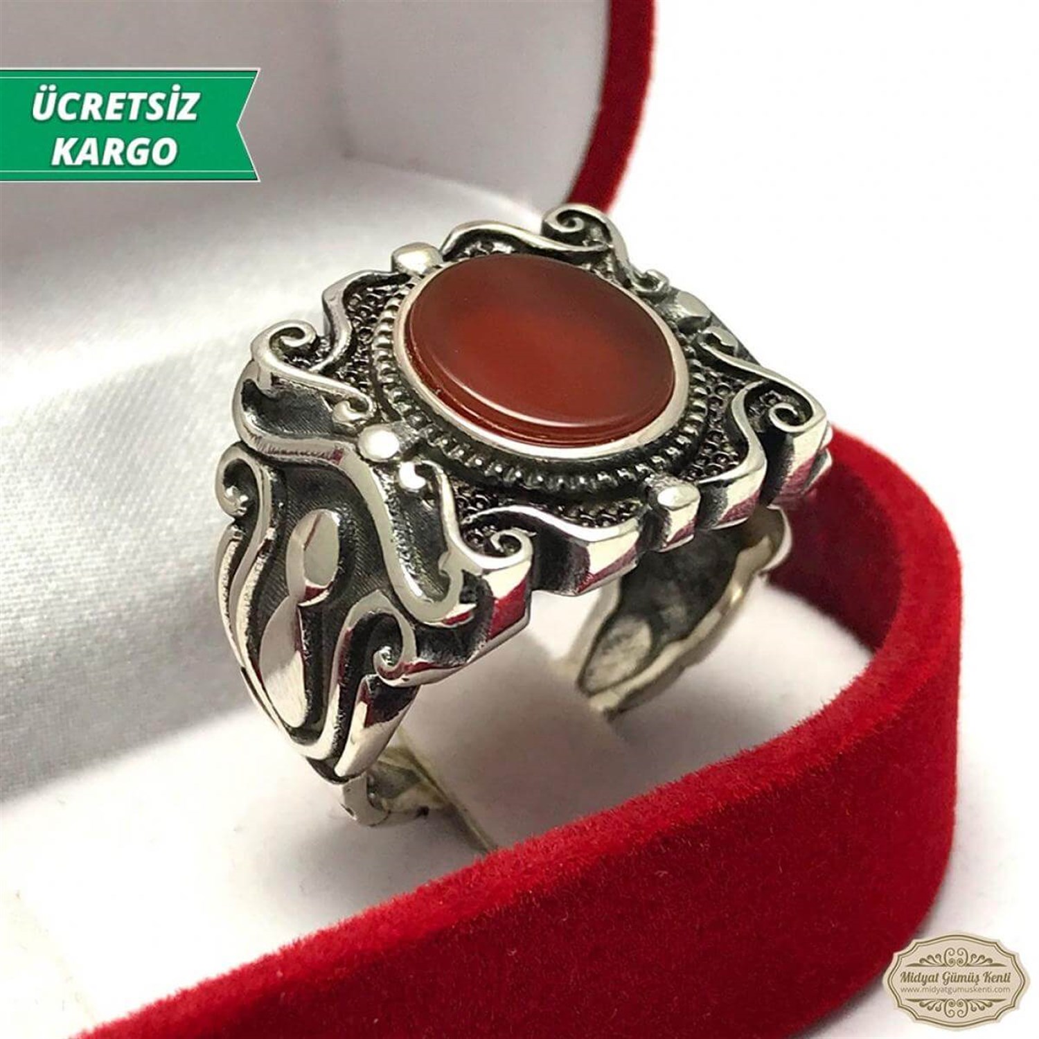 Akik Taşlı Sarmaşık Model Erkek Gümüş Yüzük