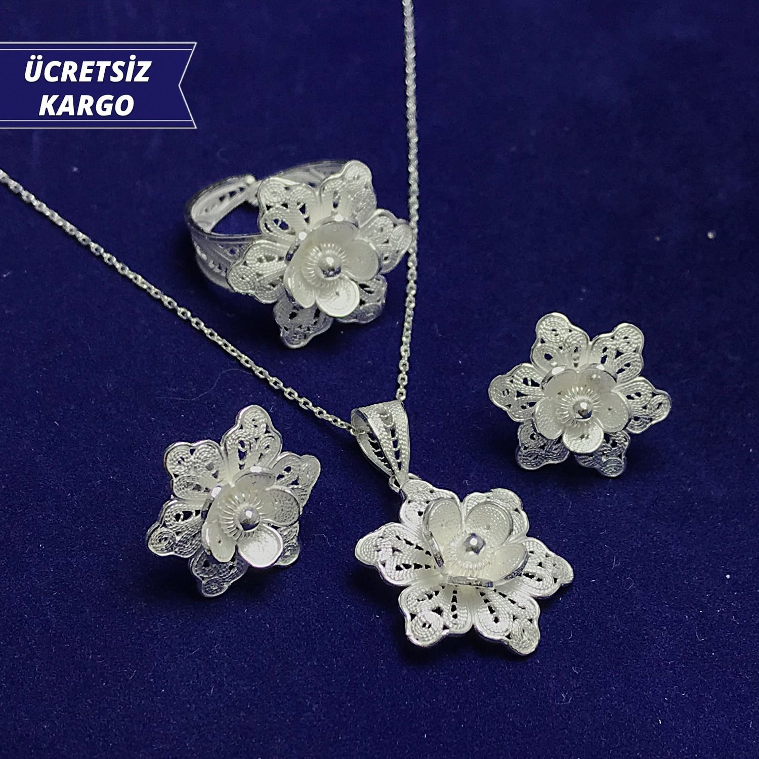 Akşam Sefası Model 925 Ayar Telkari Bayan Gümüş Üçlü Set