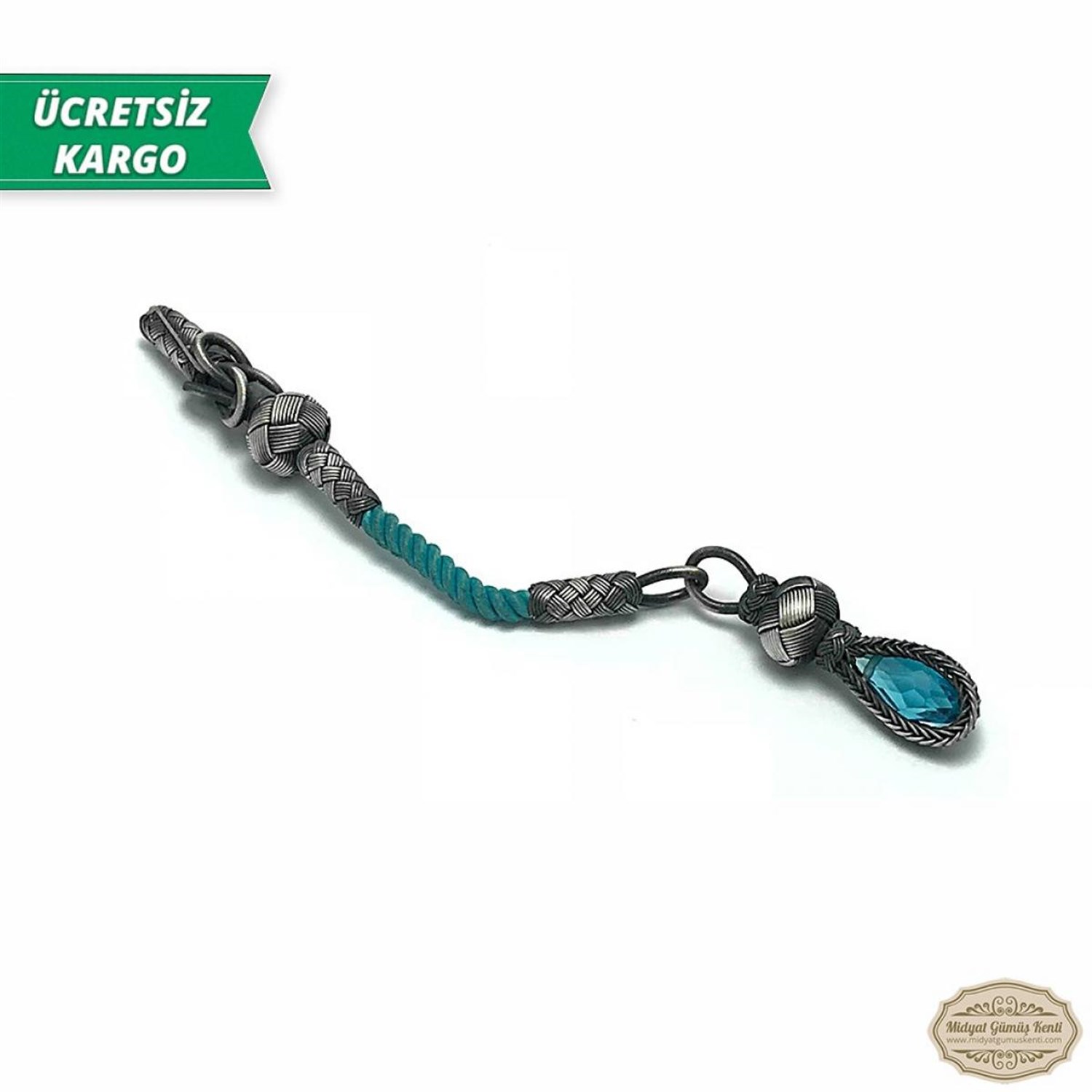 Akuamarin Taşlı 1000 Ayar Kazaziye Gümüş Tespih Püskülü