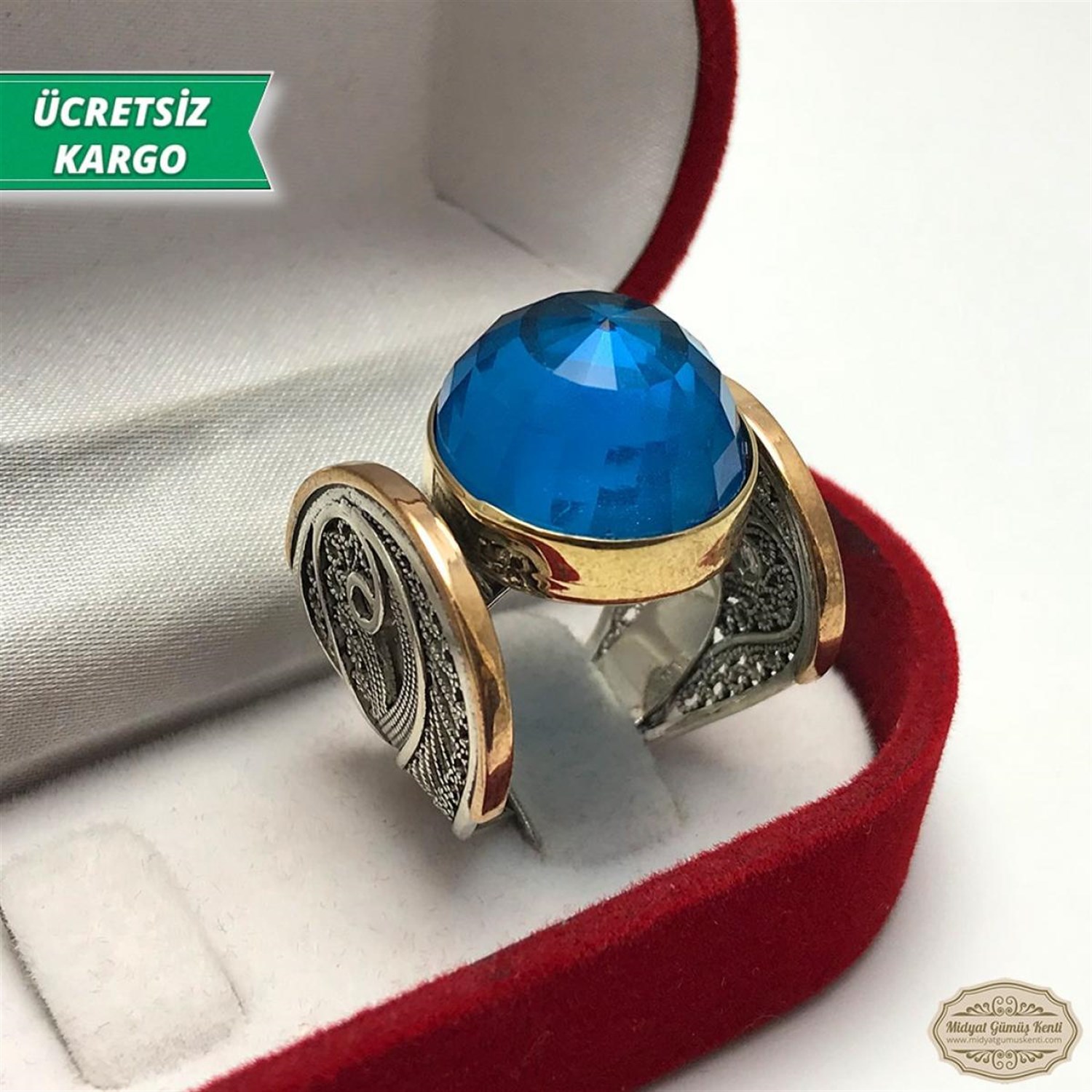 Akuamarin Taşlı Midyat Telkari Bayan Gümüş Yüzük