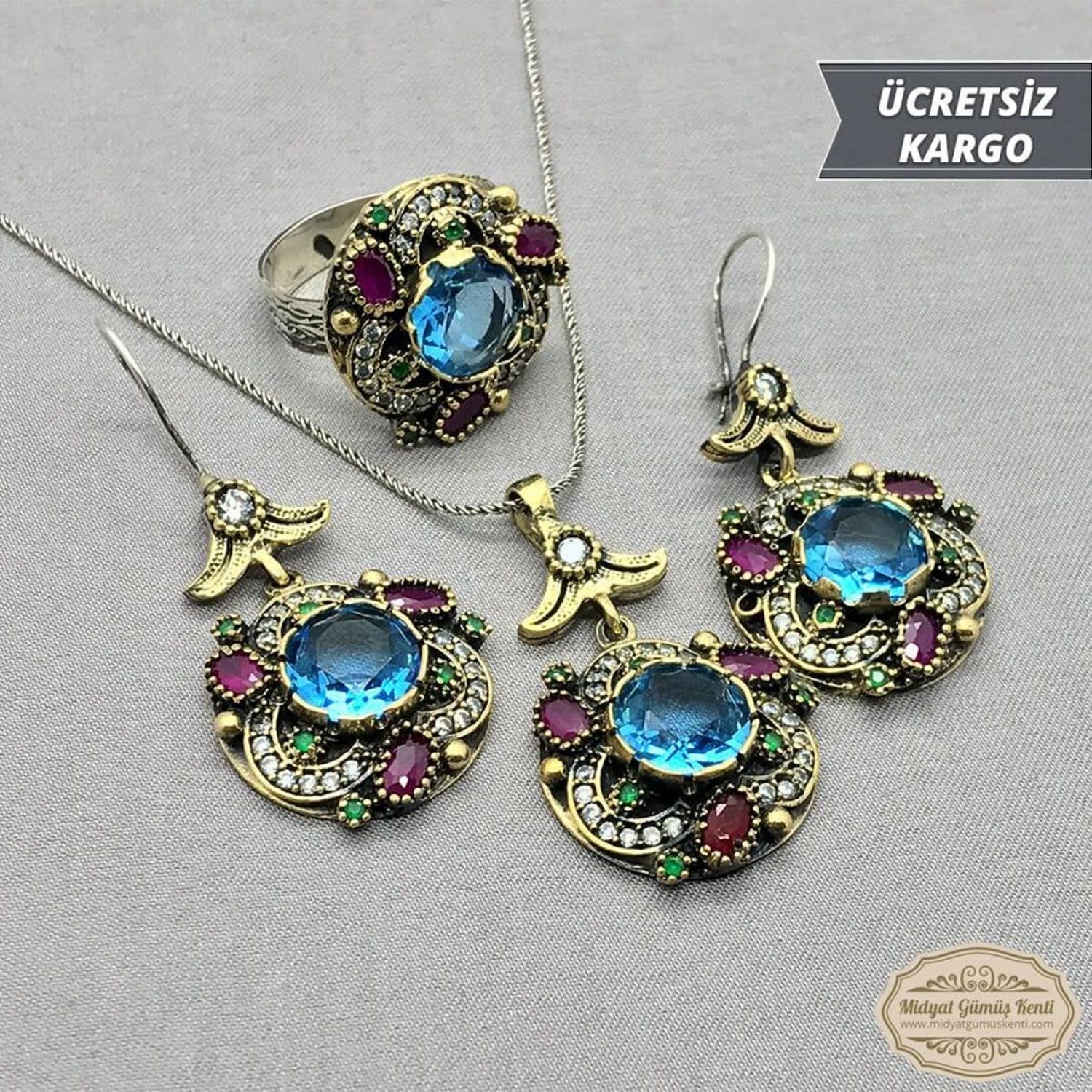 Akuamarin Taşlı Sırataş Model 925 Ayar Bayan Otantik Gümüş Üçlü Set
