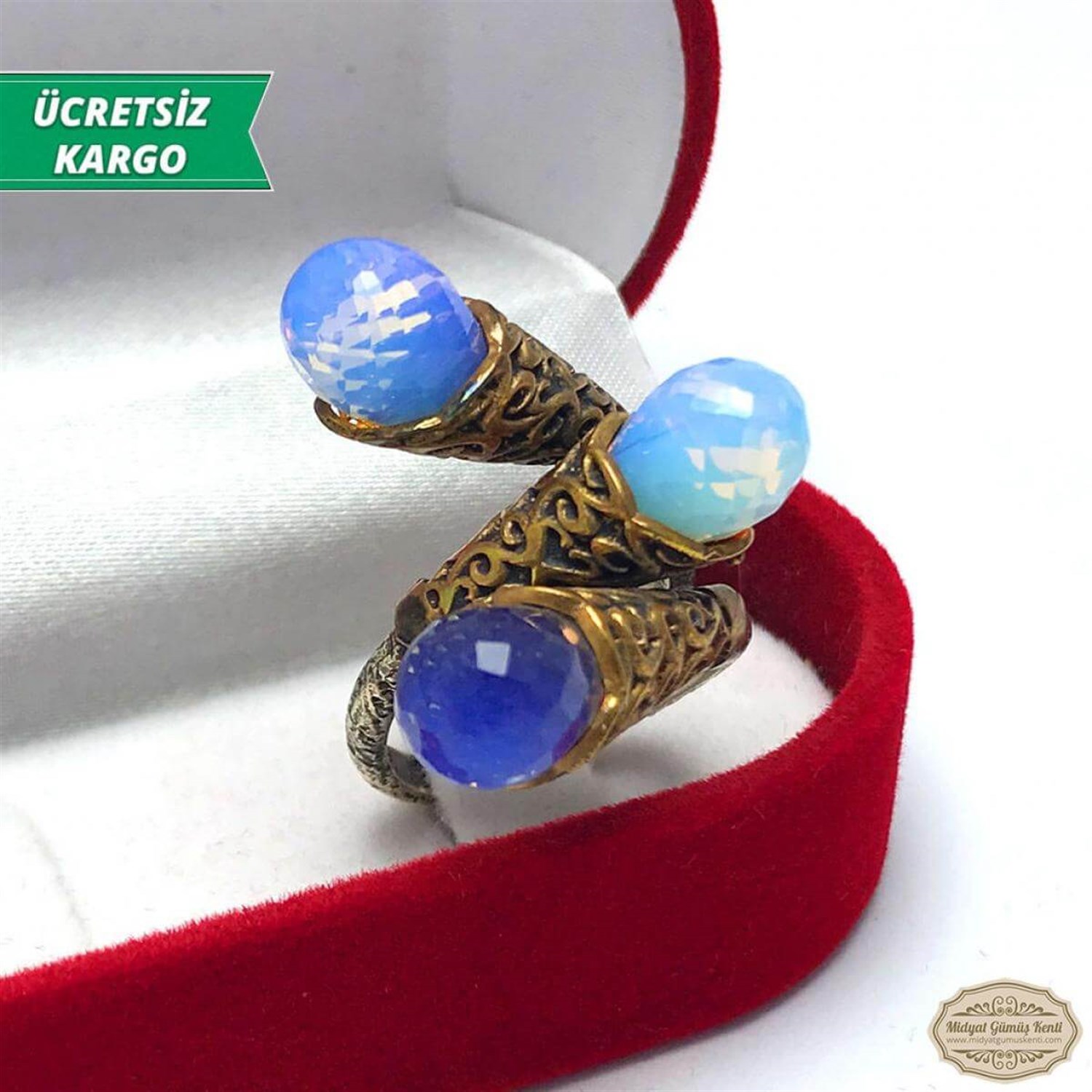 Akuamarin Taşlı Üçlü Model Bayan Otantik Gümüş Yüzük 