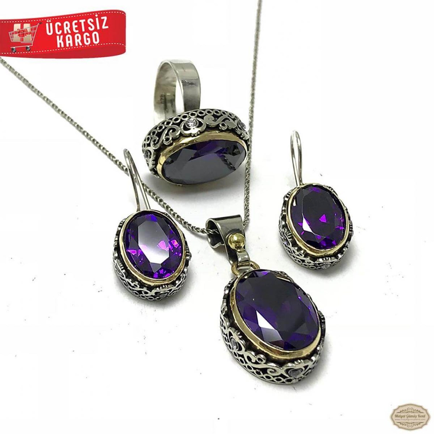 Ametist Taşlı Elips Model 925 Ayar Otantik Gümüş Üçlü Set 