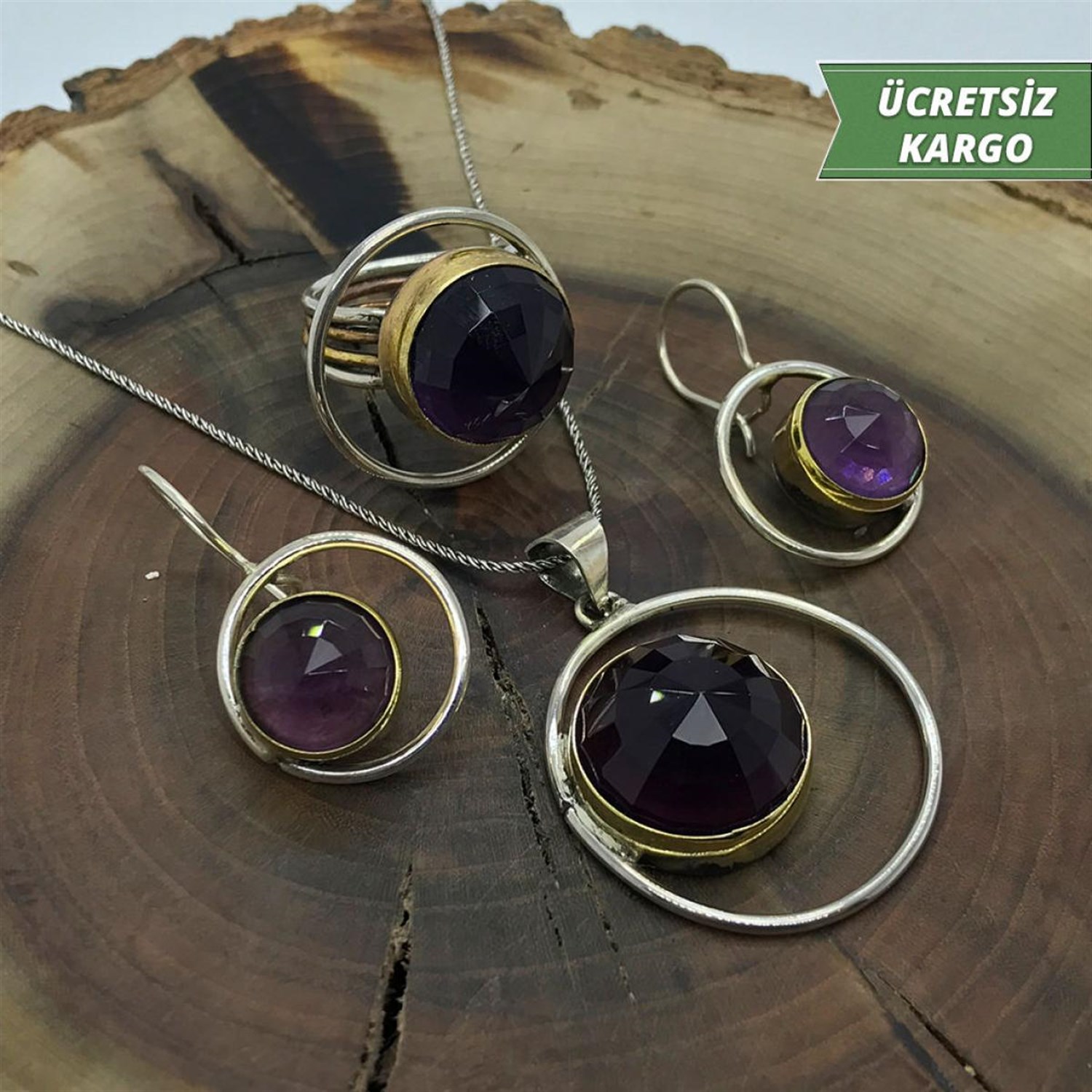 Ametist Taşlı Halka Model 925 Ayar Otantik Gümüş Üçlü Set