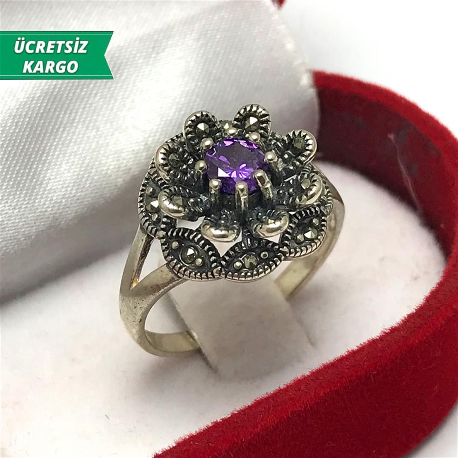 Ametist Taşlı Papatya Model Markazit Bayan Gümüş Yüzük