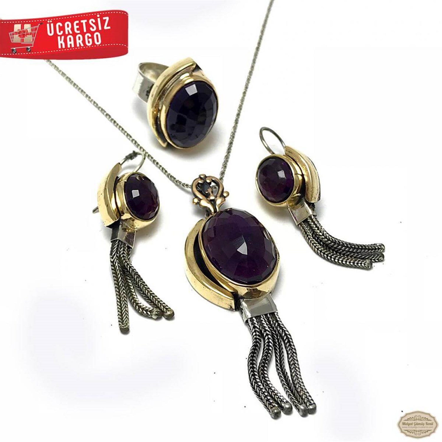 Ametist Taşlı Püsküllü Model 925 Ayar Otantik Gümüş Üçlü Set 