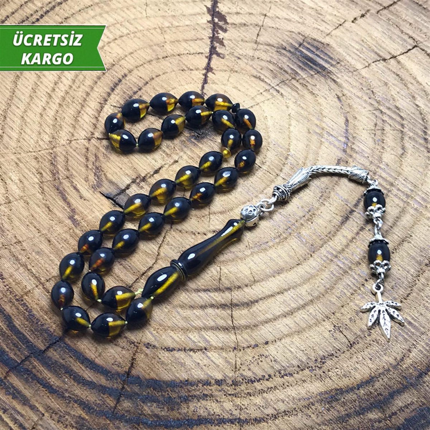 Arpa Kesim Bal Renkte Sürmeli Sıkma Kehribar Tesbih