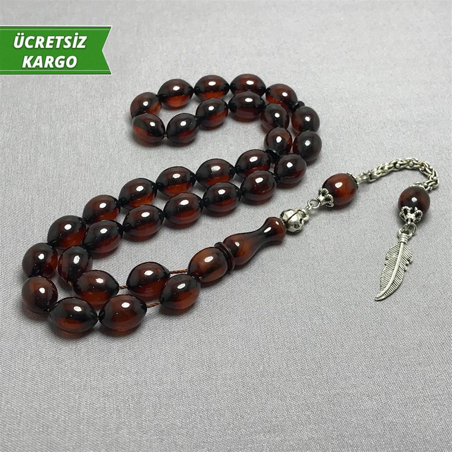 Arpa Kesim Kahverengi Renkte Sürmeli Sıkma Kehribar Tesbih 