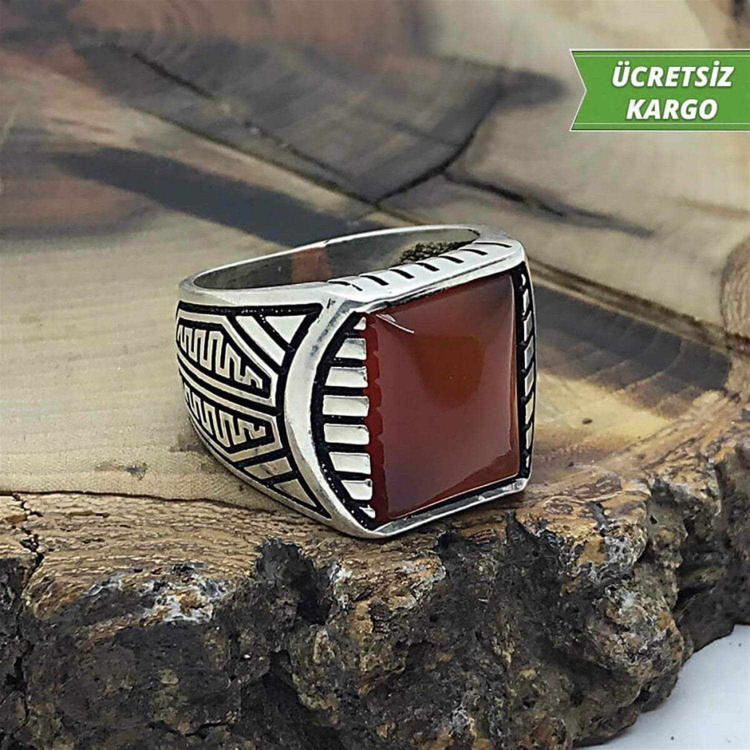 Asur Model Akik Taşlı Erkek Gümüş Yüzük