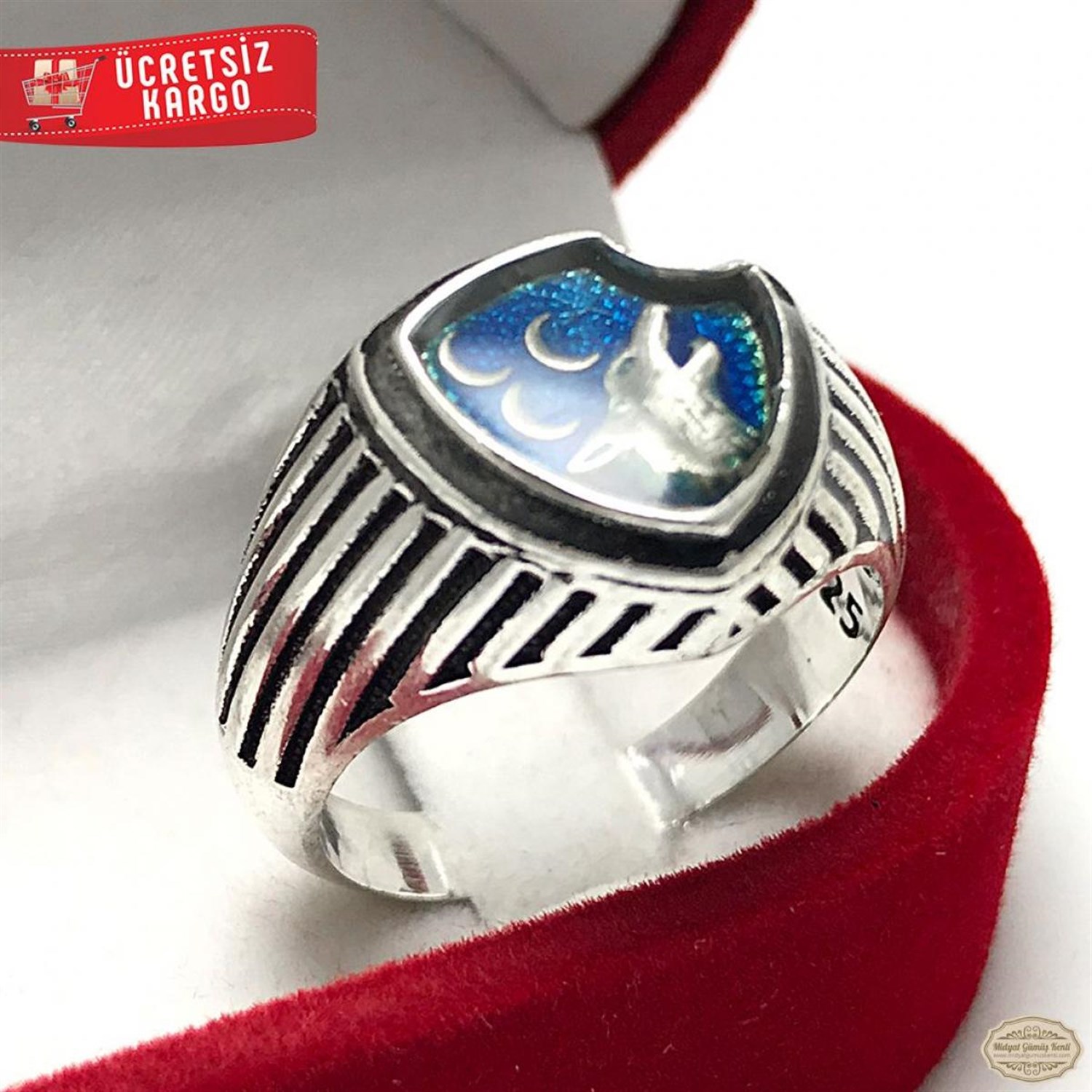 AY Bozkurt işlemeli Mavi Mineli 925 Ayar Gümüş Erkek Yüzük 