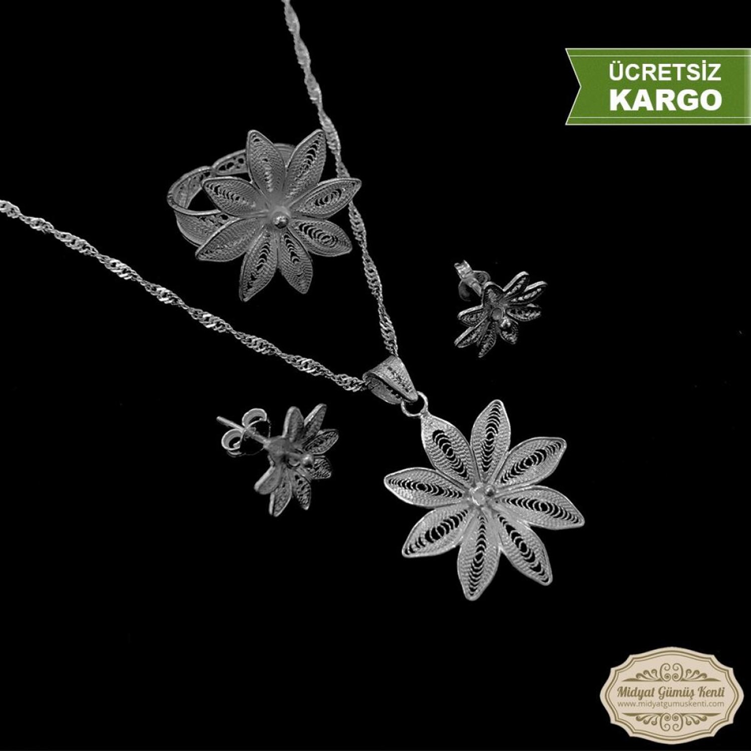 Ay Çiçek Model 925 Ayar Telkari Bayan Gümüş Üçlü Set