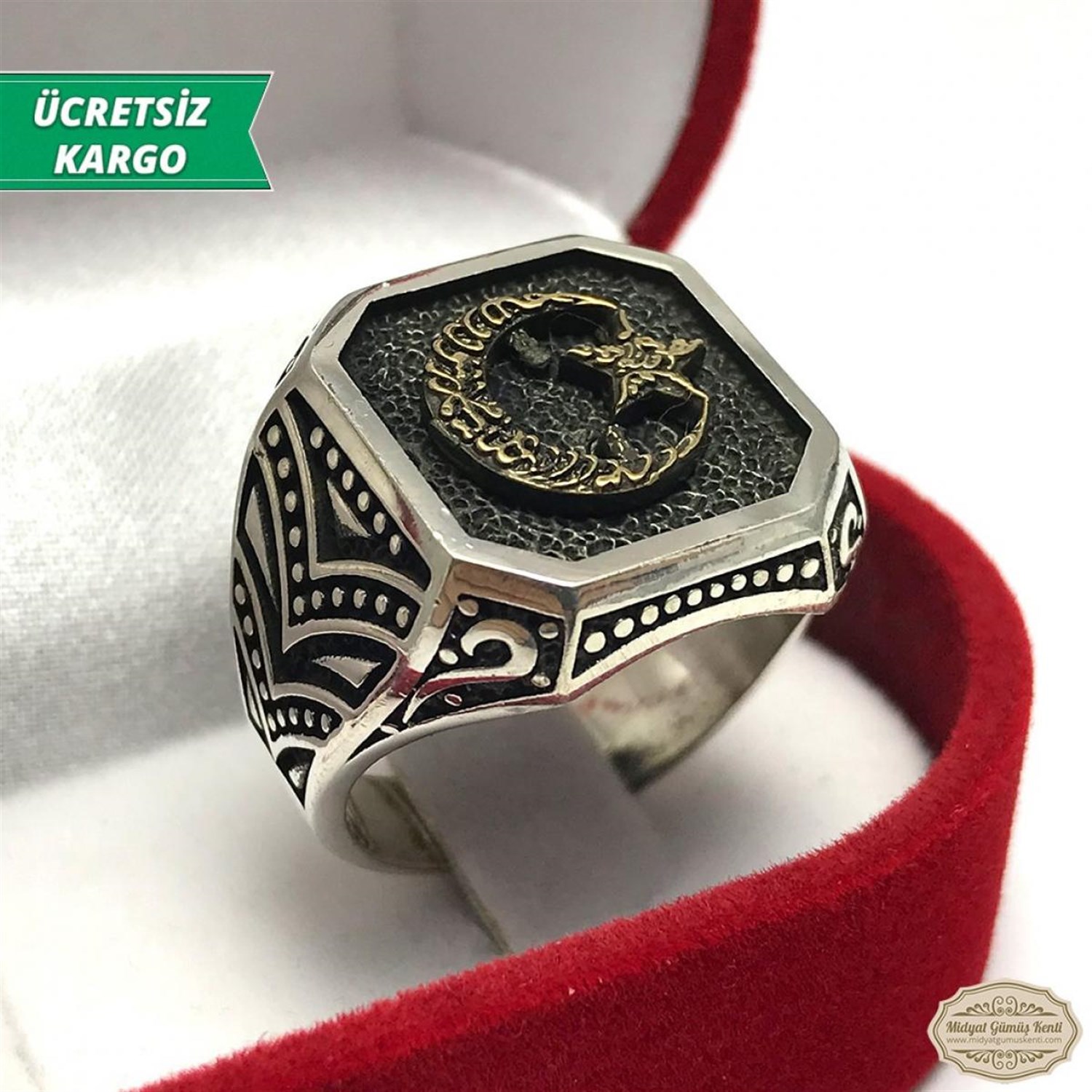 Ayyıldız işlemeli Erkek Gümüş Yüzük