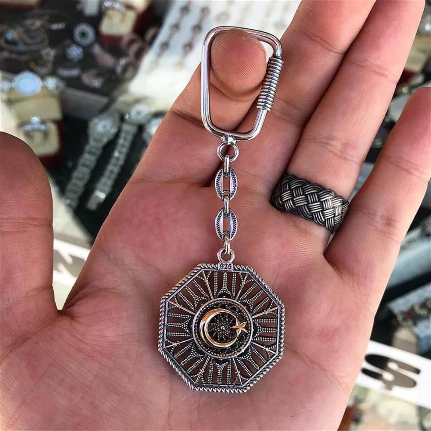 Ayyıldız ve iYi işlemeli 925 Ayar Telkari Gümüş Anahtarlık