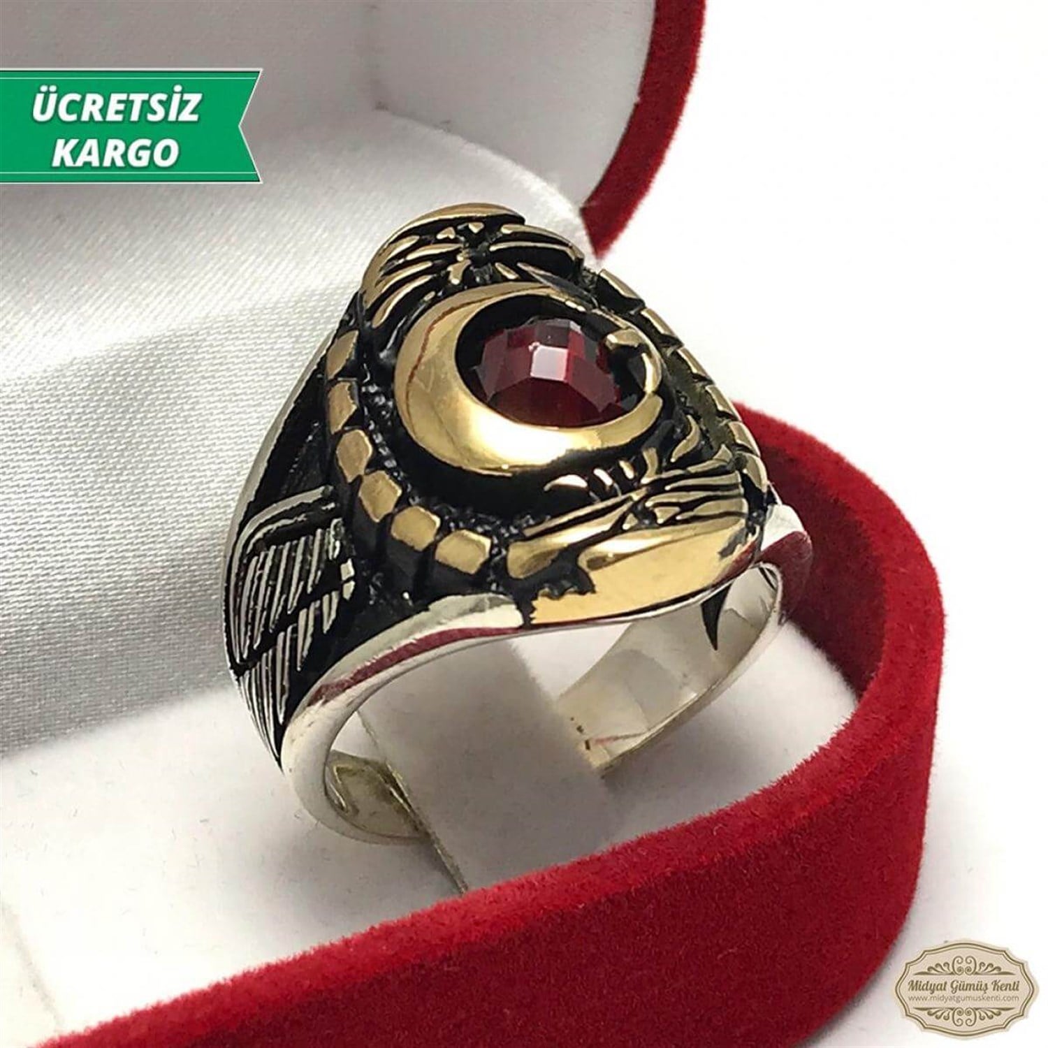 Ayyıldız ve Kartal Model Yakut Taşlı Erkek Gümüş Yüzük