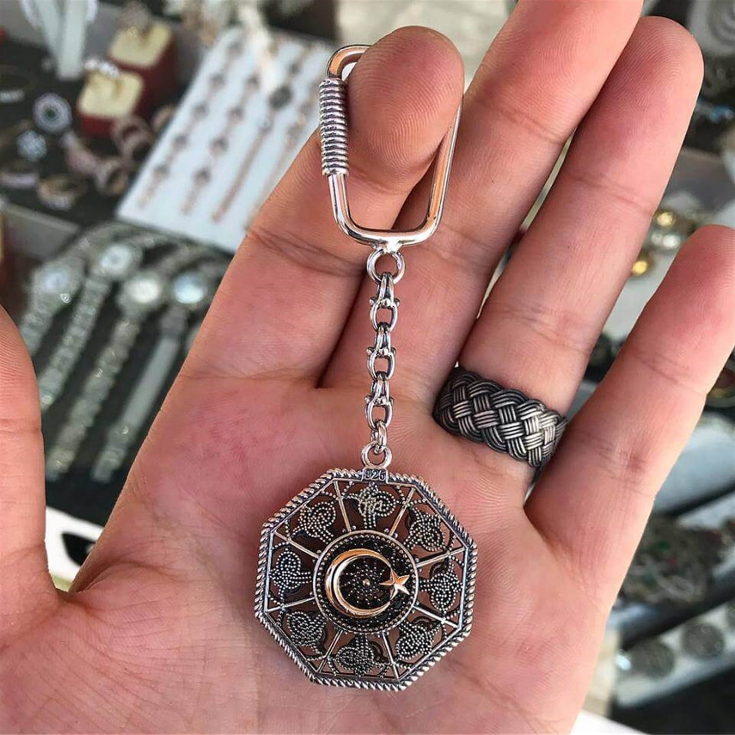 Ayyıldız ve Tuğra Model 925 Ayar Telkari Gümüş Anahtarlık