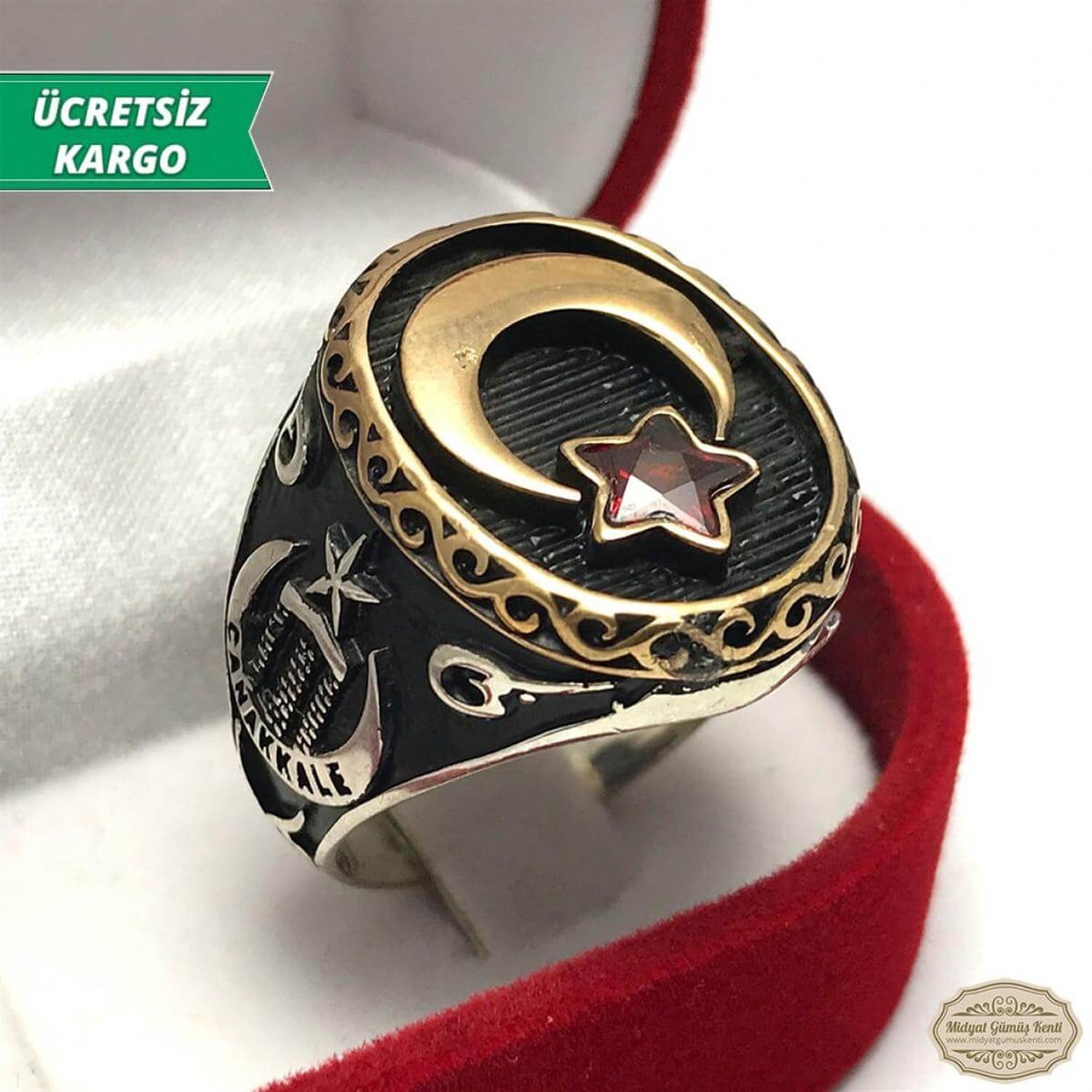 Ayyıldızlı Çanakkale Model Yakut Taşlı Erkek Gümüş Yüzük