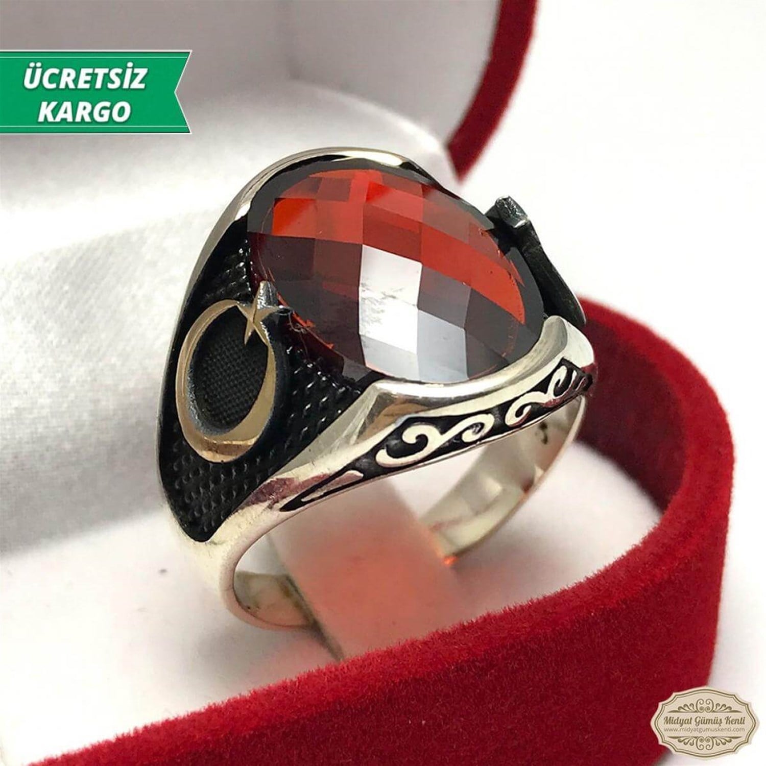 Ayyıldızlı Model Kırmızı Zirkon Taşlı Erkek Gümüş Yüzük