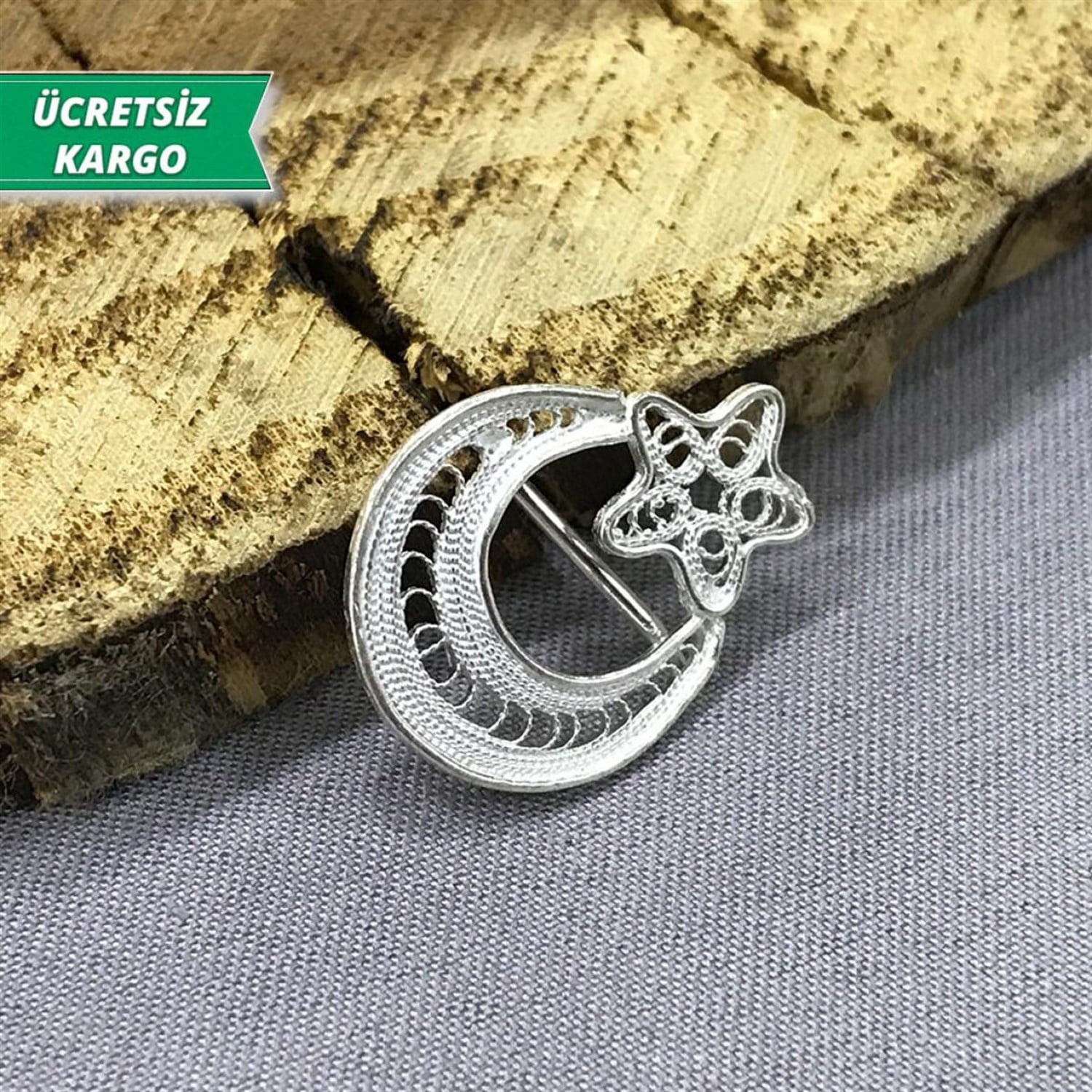 Ayyıldızlı Model Midyat Yöresel Telkari Gümüş Yaka Rozeti