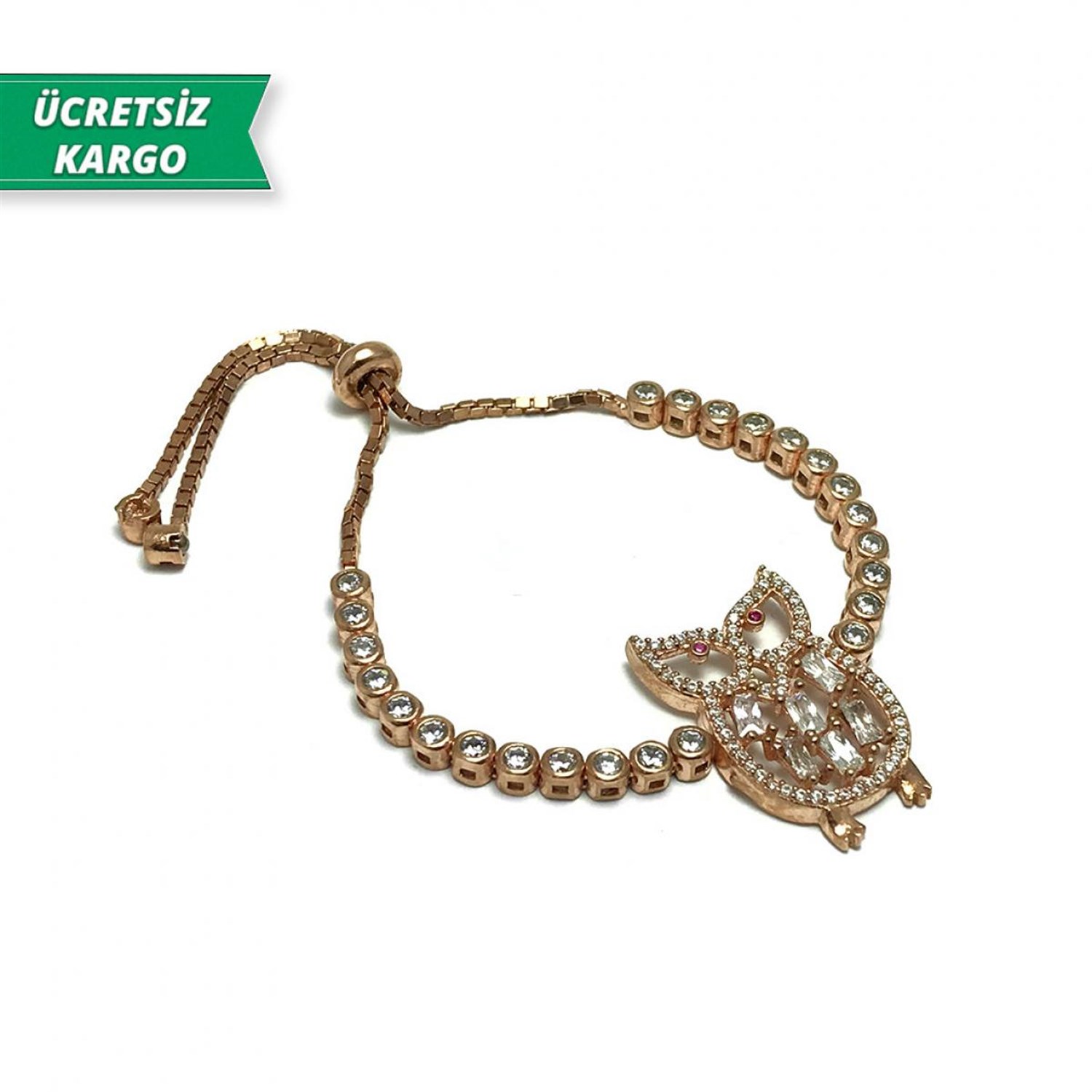 Baykuş Figürlü Model Zirkon Taşlı Rose Kaplama Bayan Gümüş Bileklik