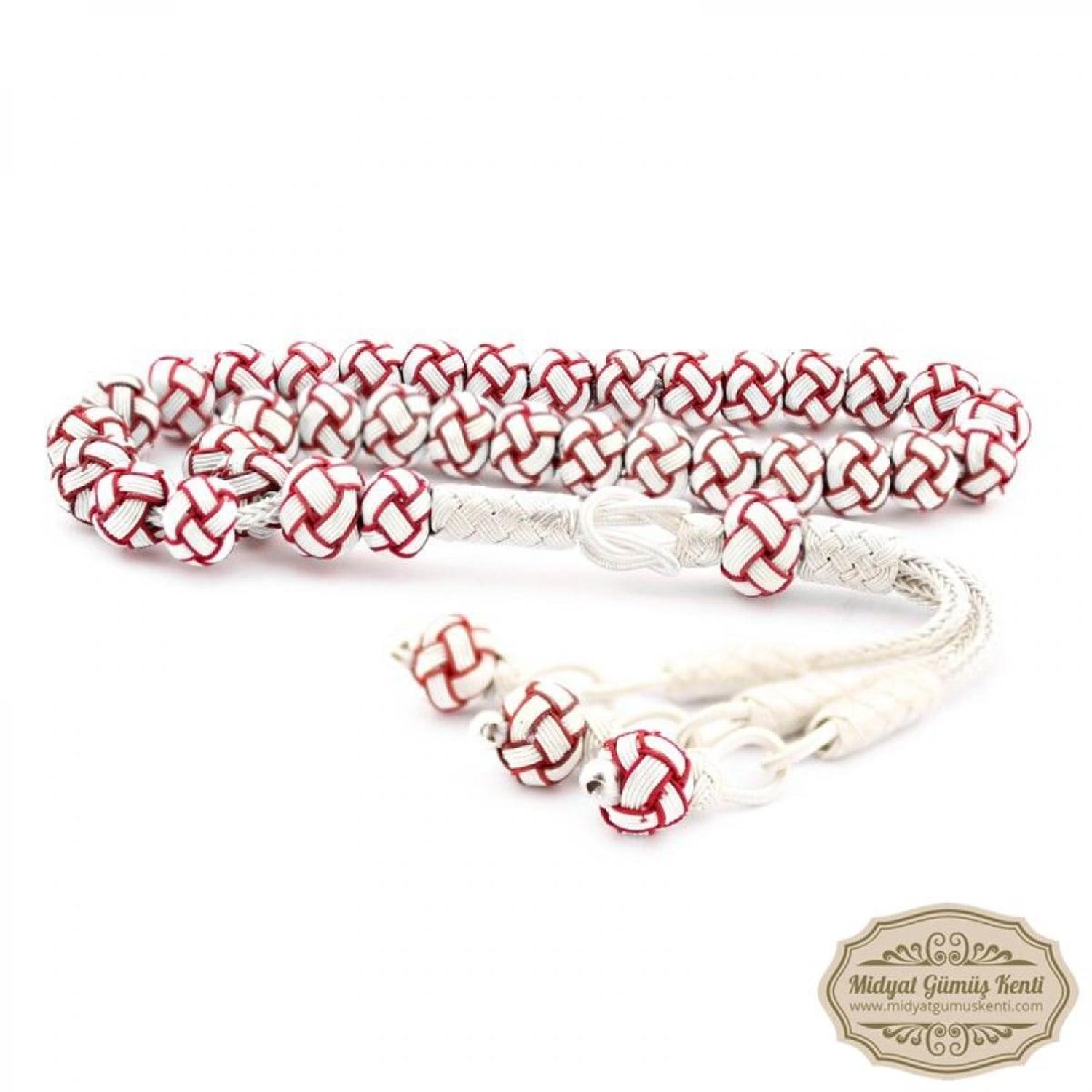 Beyaz Kırmızı Model 1000 Ayar El Örmesi Kazaziye Gümüş Tesbih