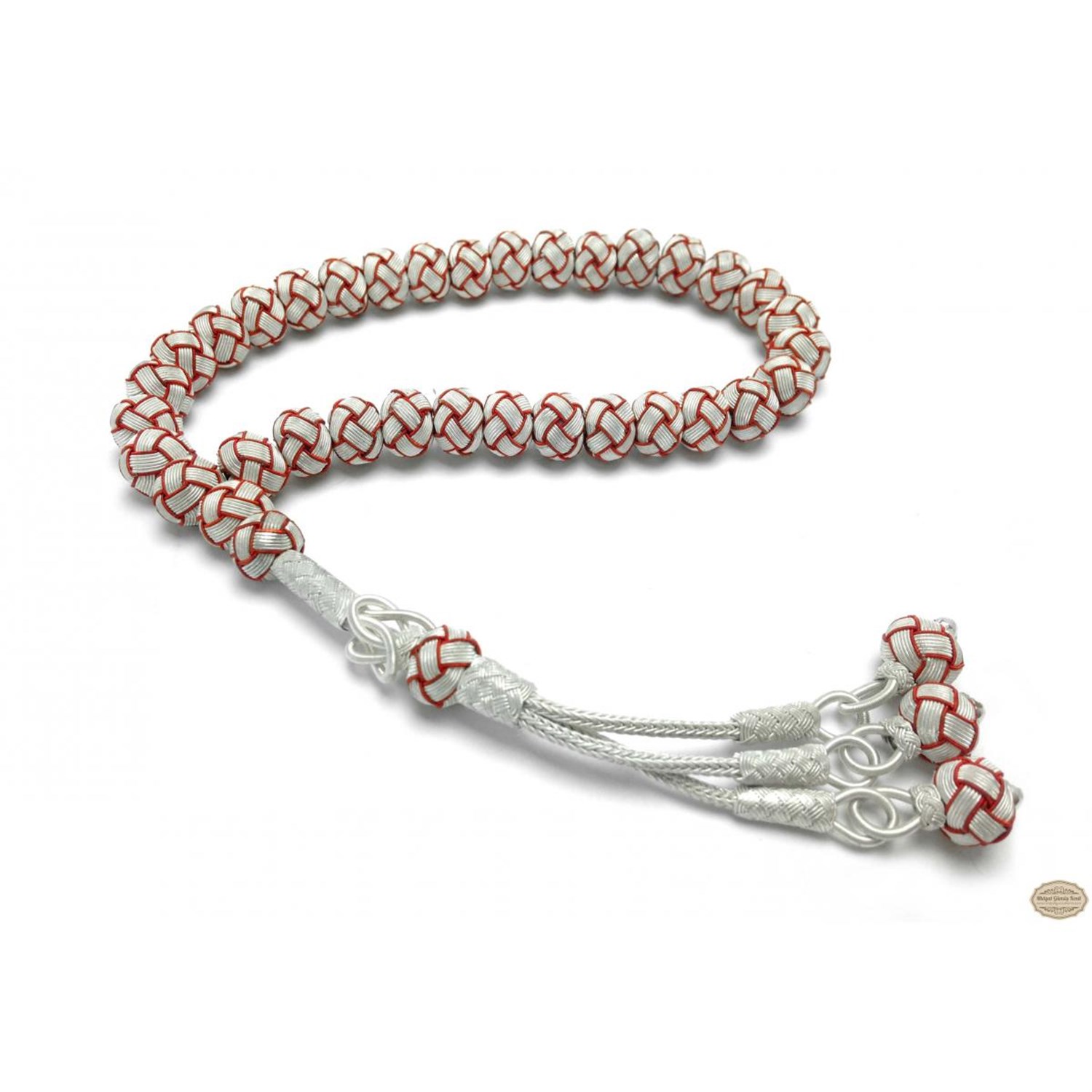 Beyaz Kırmızı Renkte 1000 Ayar El Örmesi Kazaziye Gümüş Tesbih