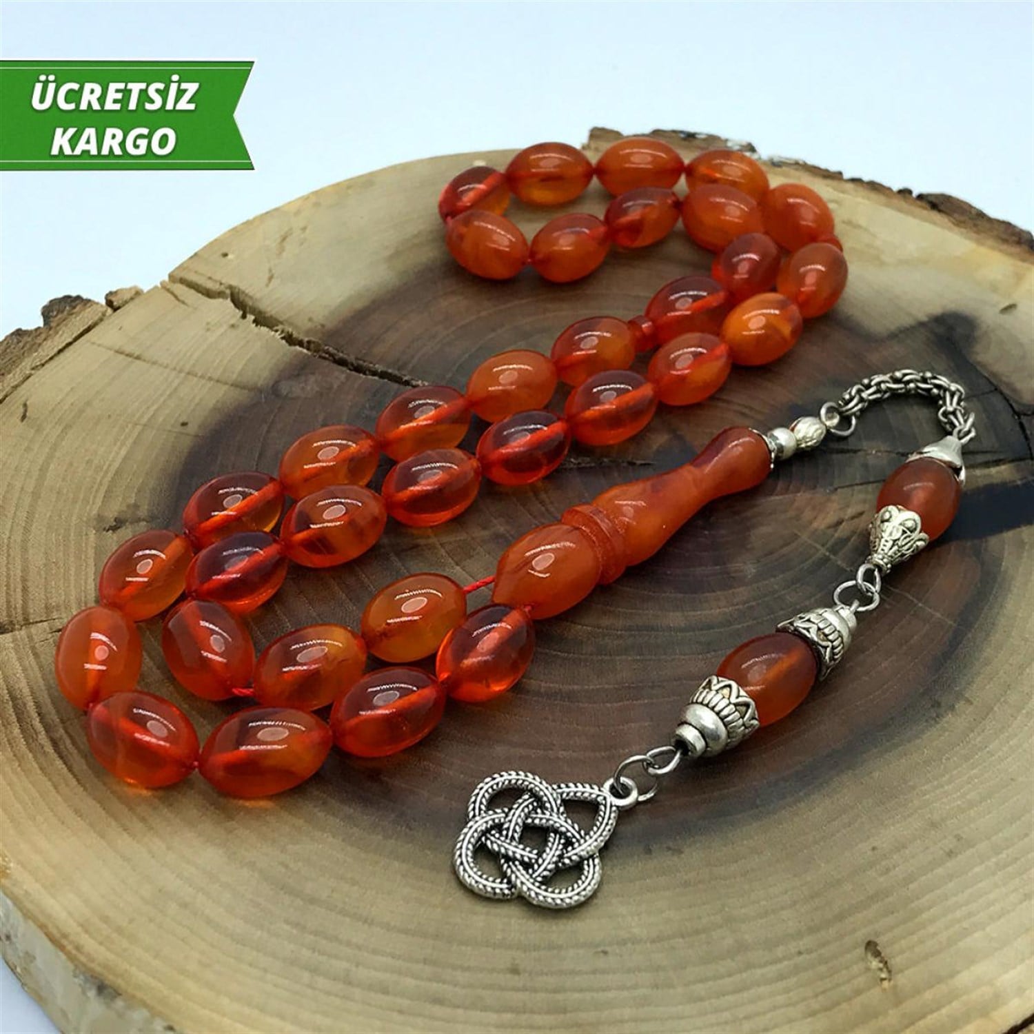 Beyzi Kesim Gümüş Püsküllü Sıkma Kehribar Tesbih