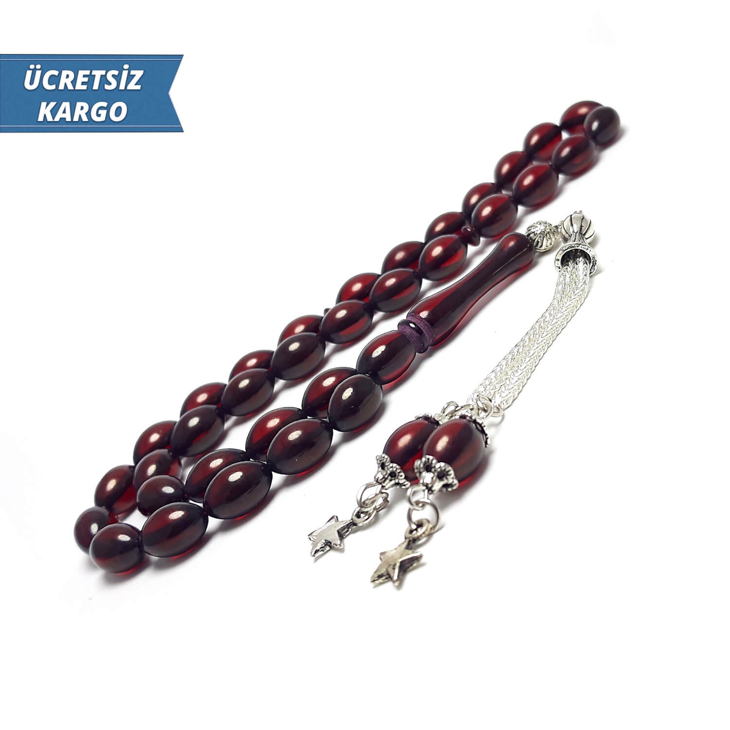 Bordo Renkte Arpa Kesim Toz Kehribar Tesbih