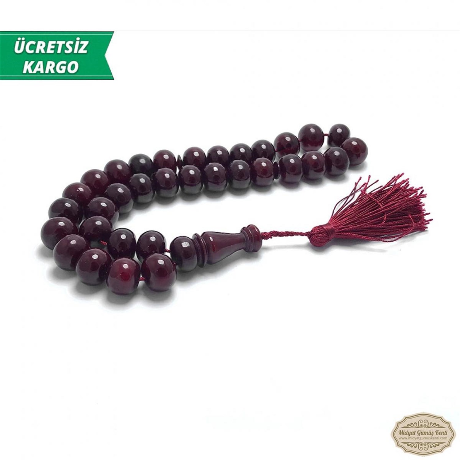 Bordo Renkte Tekerelek Kesim Sıkma Kehribar Tesbih 