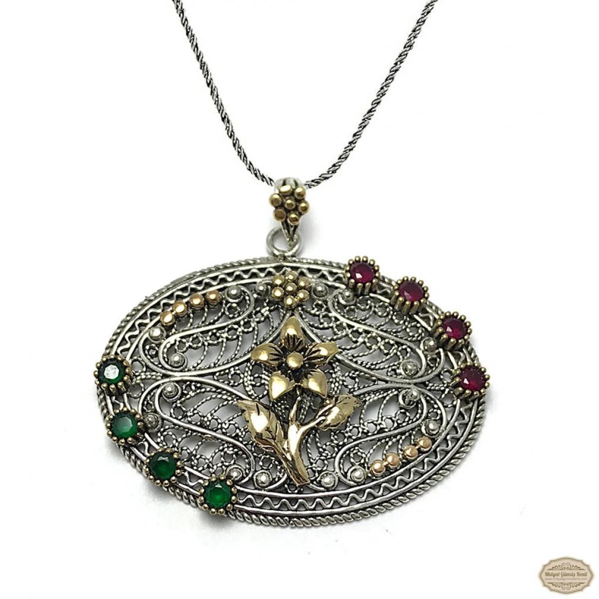 Çiçek İşlemeli Elips Model Oksitli Telkari Gümüş Kolye