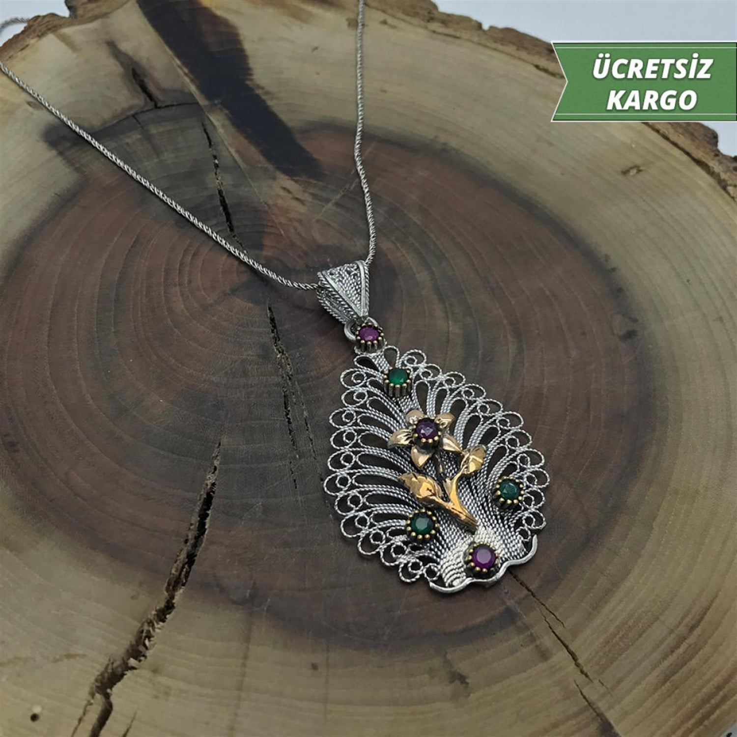 Çiçek işlemeli Model Midyat Yöresel Telkari Gümüş Kolye Ucu