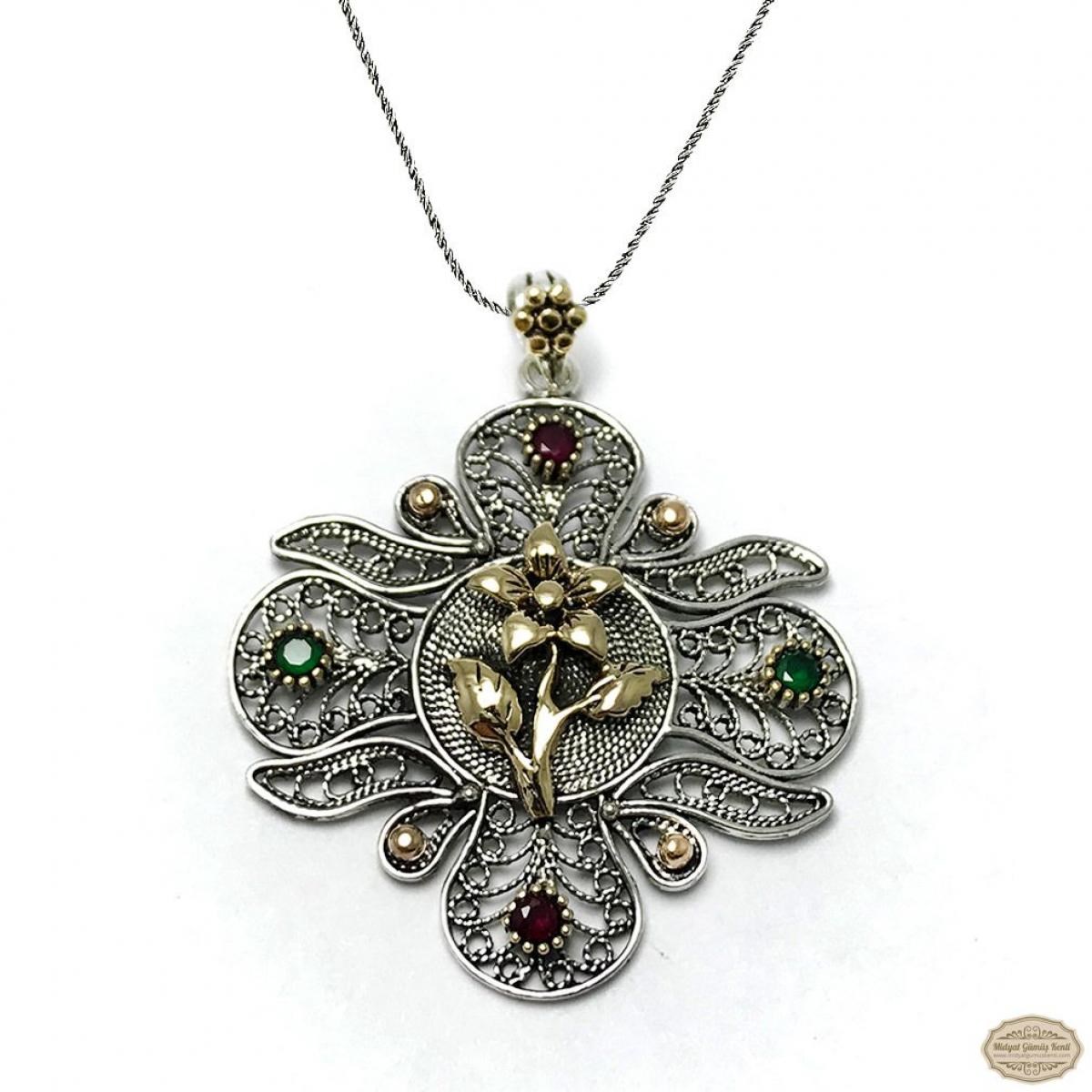 Çiçek İşlemeli Model Oksitli Telkari Gümüş Kolye