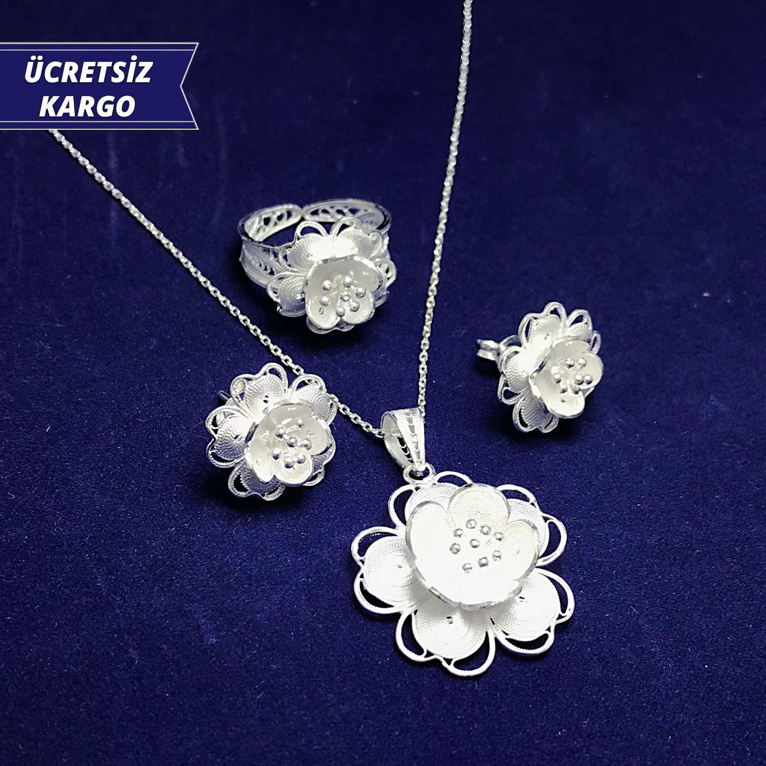 Çiçek Model 925 Ayar Telkari Bayan Gümüş Üçlü Set