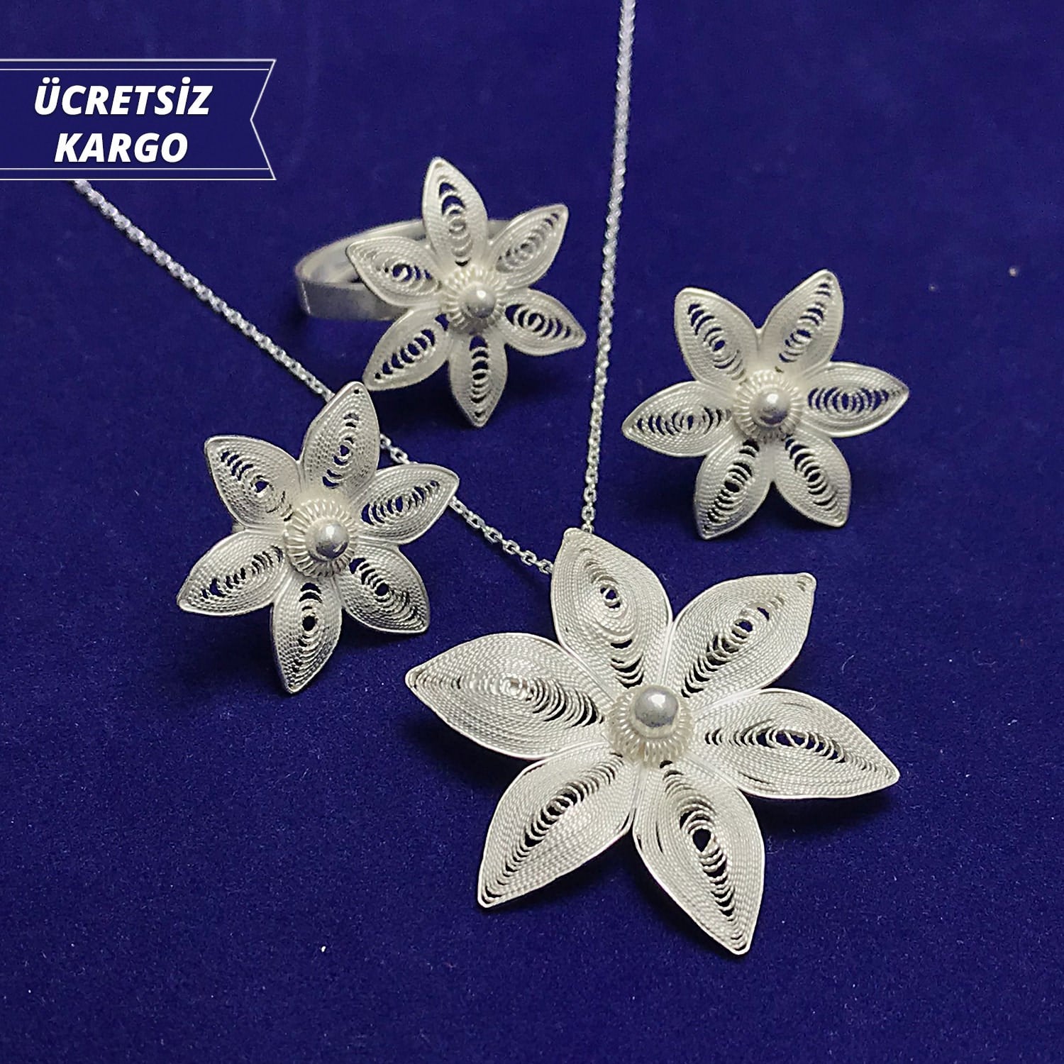 Çiçek Model 925 Ayar Telkari Bayan Gümüş Üçlü Set