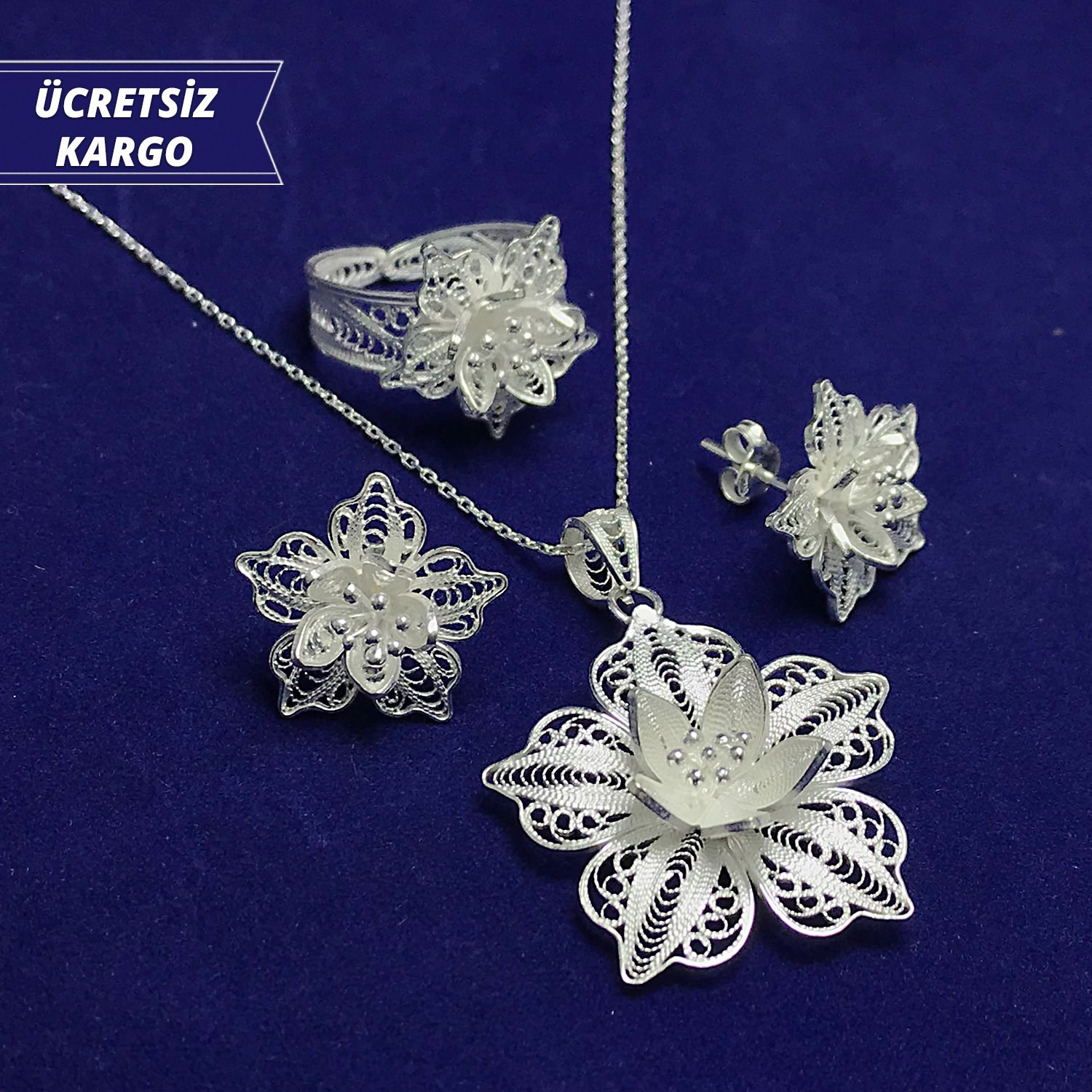 Çiçek Model 925 Ayar Telkari Bayan Gümüş Üçlü Set