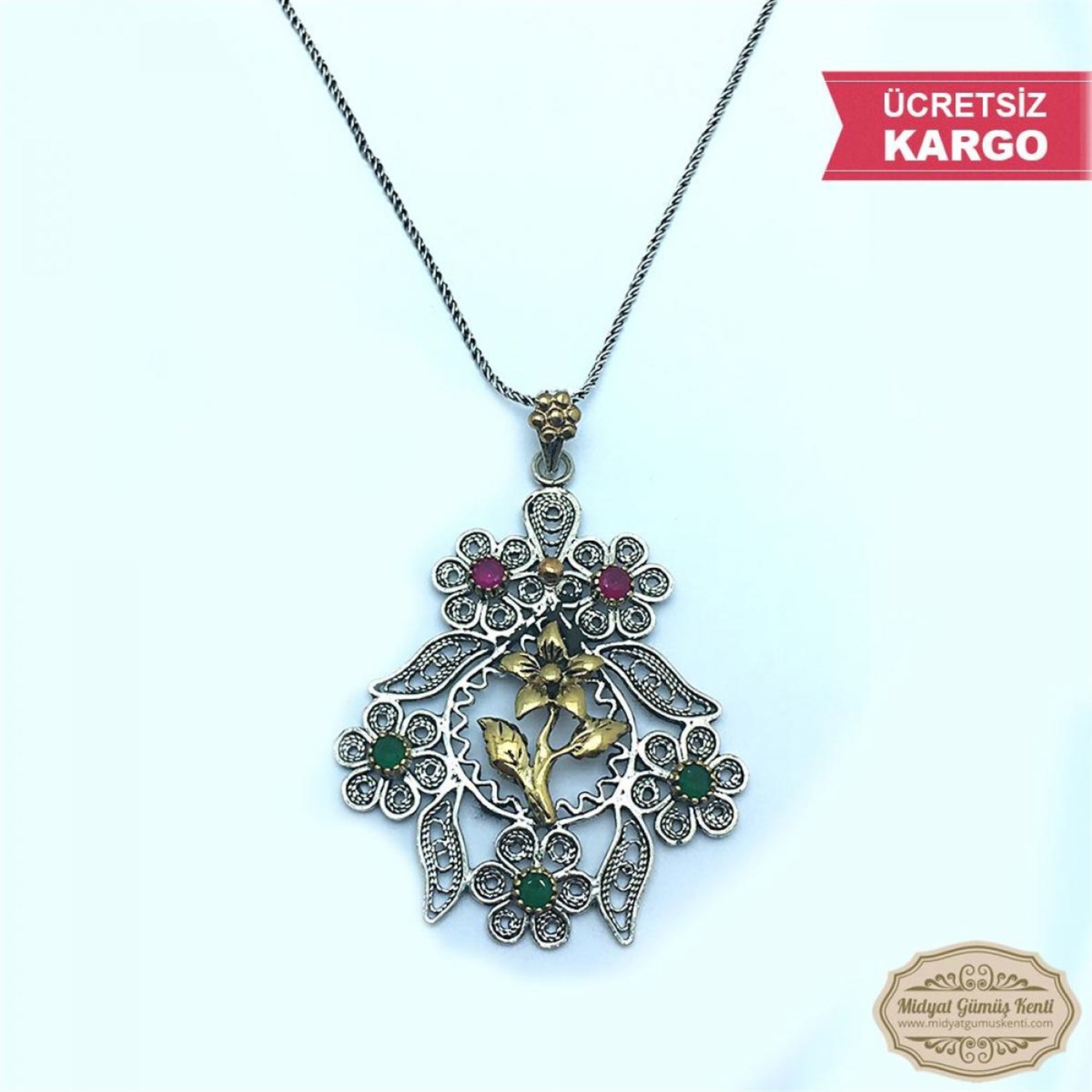 Çiçek Model Bayan Oksitli Telkari Gümüş Kolye Ucu