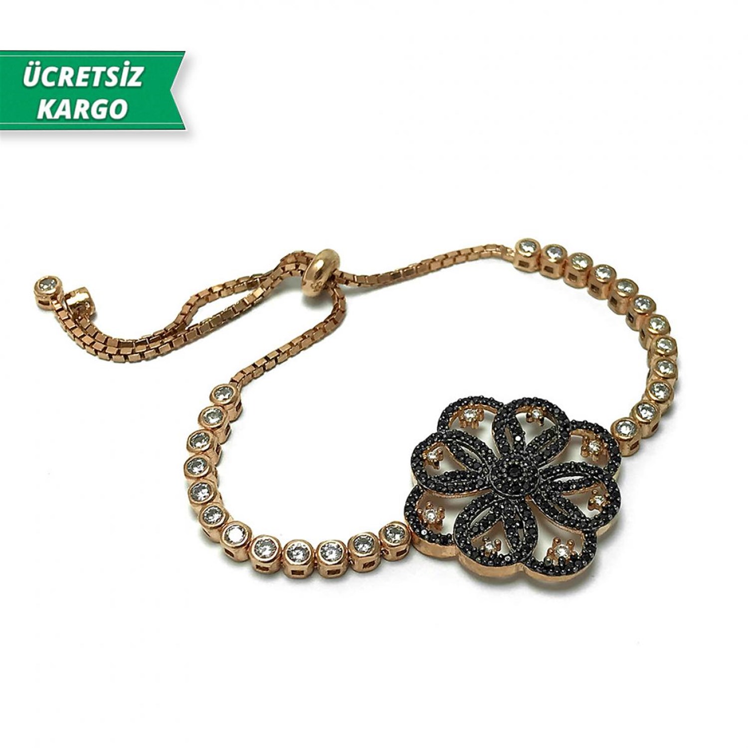 Çiçek Model Mikro Taşlı Rose Kaplama Bayan Gümüş Bileklik