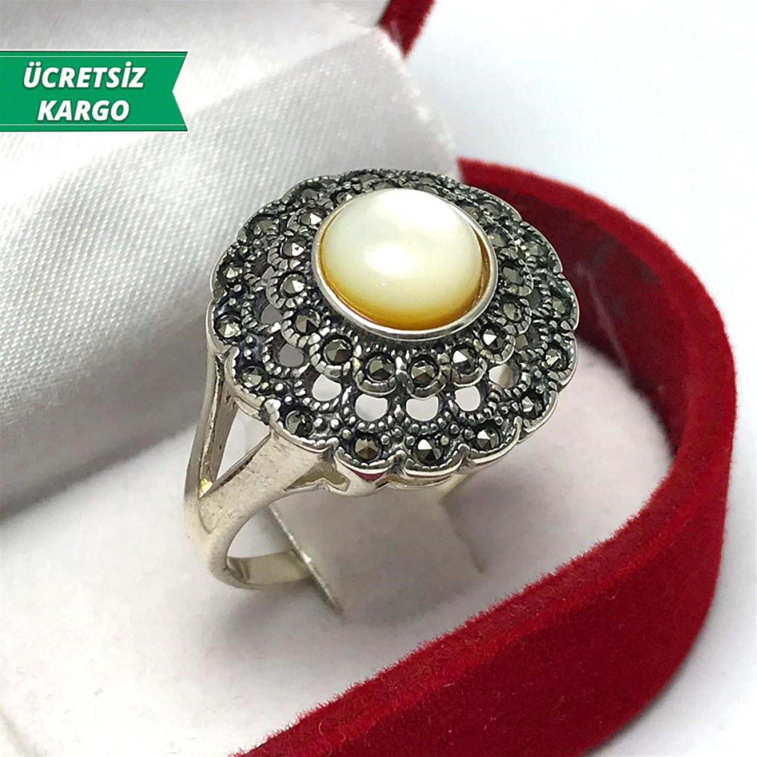 Çiçek Model Sedef Taşlı Markazit Bayan Gümüş Yüzük