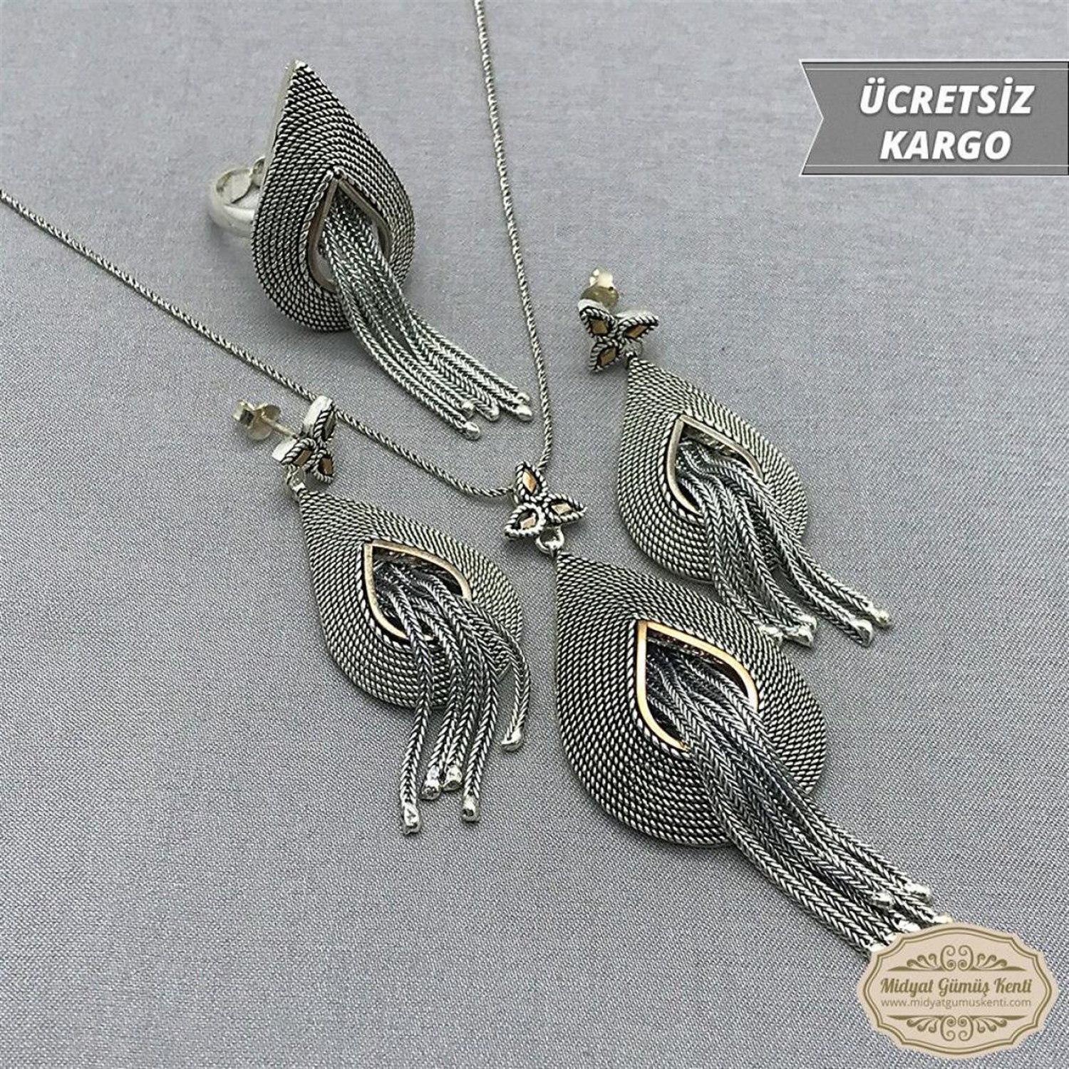 Damla Model Saçak Sallantılı 925 Ayar Bayan Oksitli Telkari Gümüş Üçlü Set