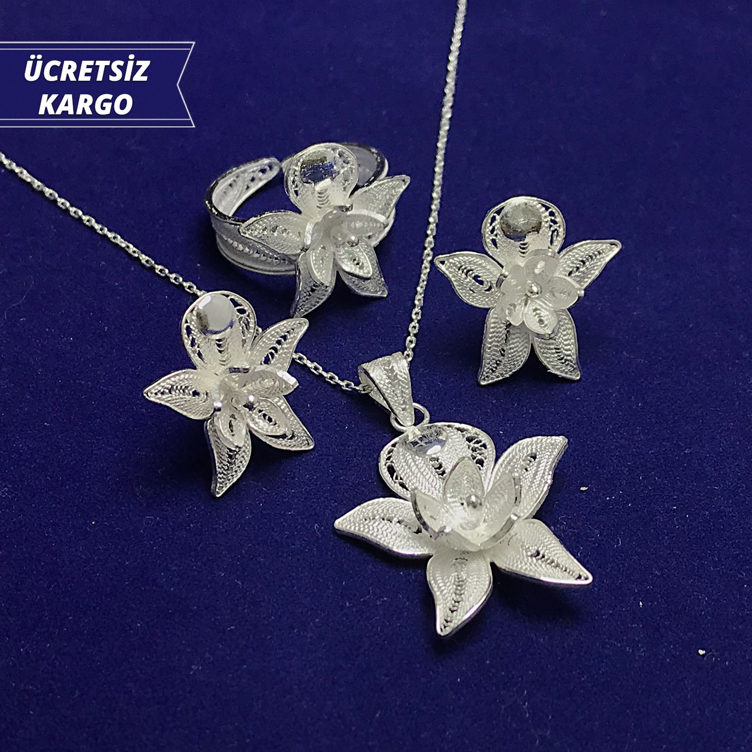 Deniz Yıldızı Model 925 Ayar Telkari Bayan Gümüş Üçlü Set